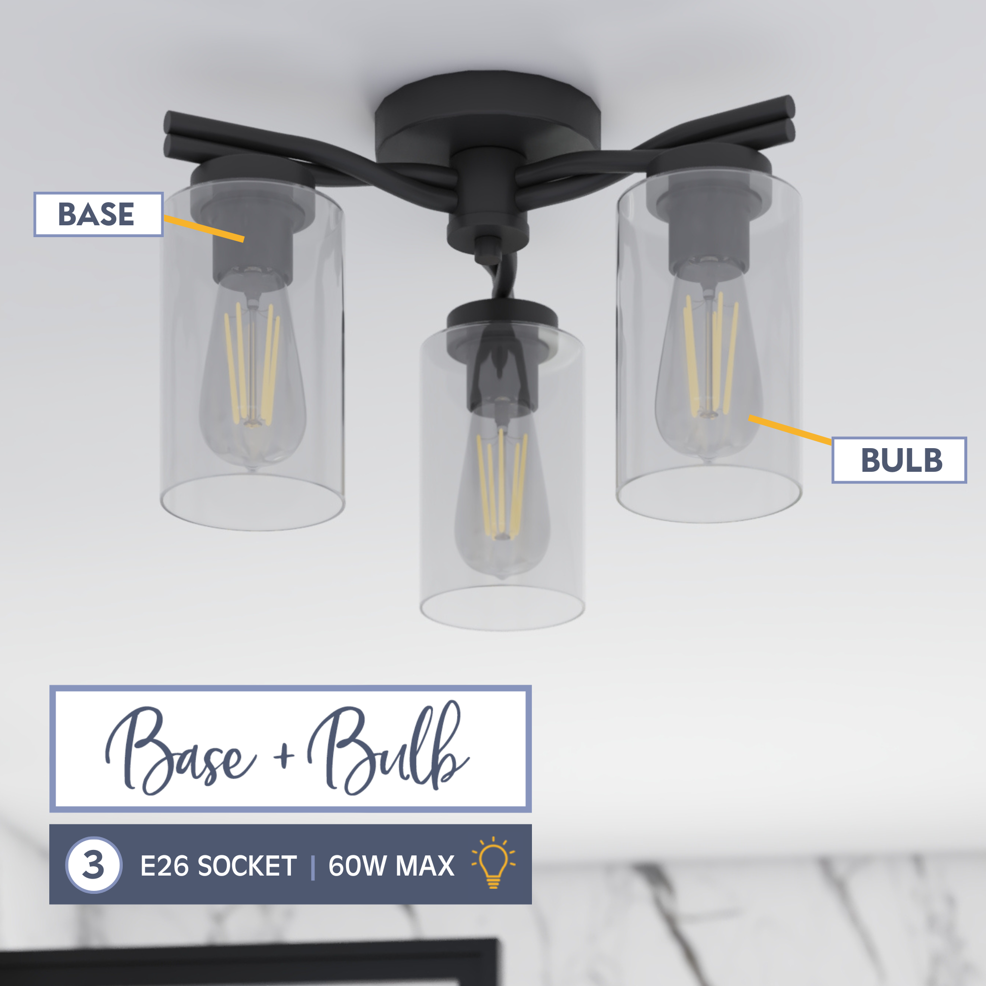 3-Light Semi Flush Mount Ceiling Light Fixture - Matte Black with Clear Glass Shades - Perfect for Bedroom, Living Room, Kitchen, and Hallway Lighting