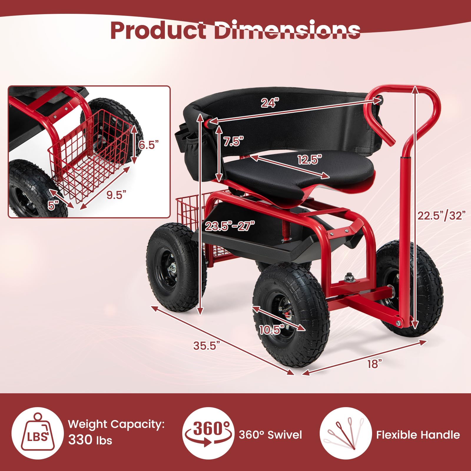 **Goplus Rolling Garden Seat with Wheels - Adjustable 360° Swivel Stool, Tool Tray & Storage Basket, Extendable Handle - Outdoor Gardening Scooter & Work Seat for Seniors - Perfect for Planting, Weeding, and Yard Work**