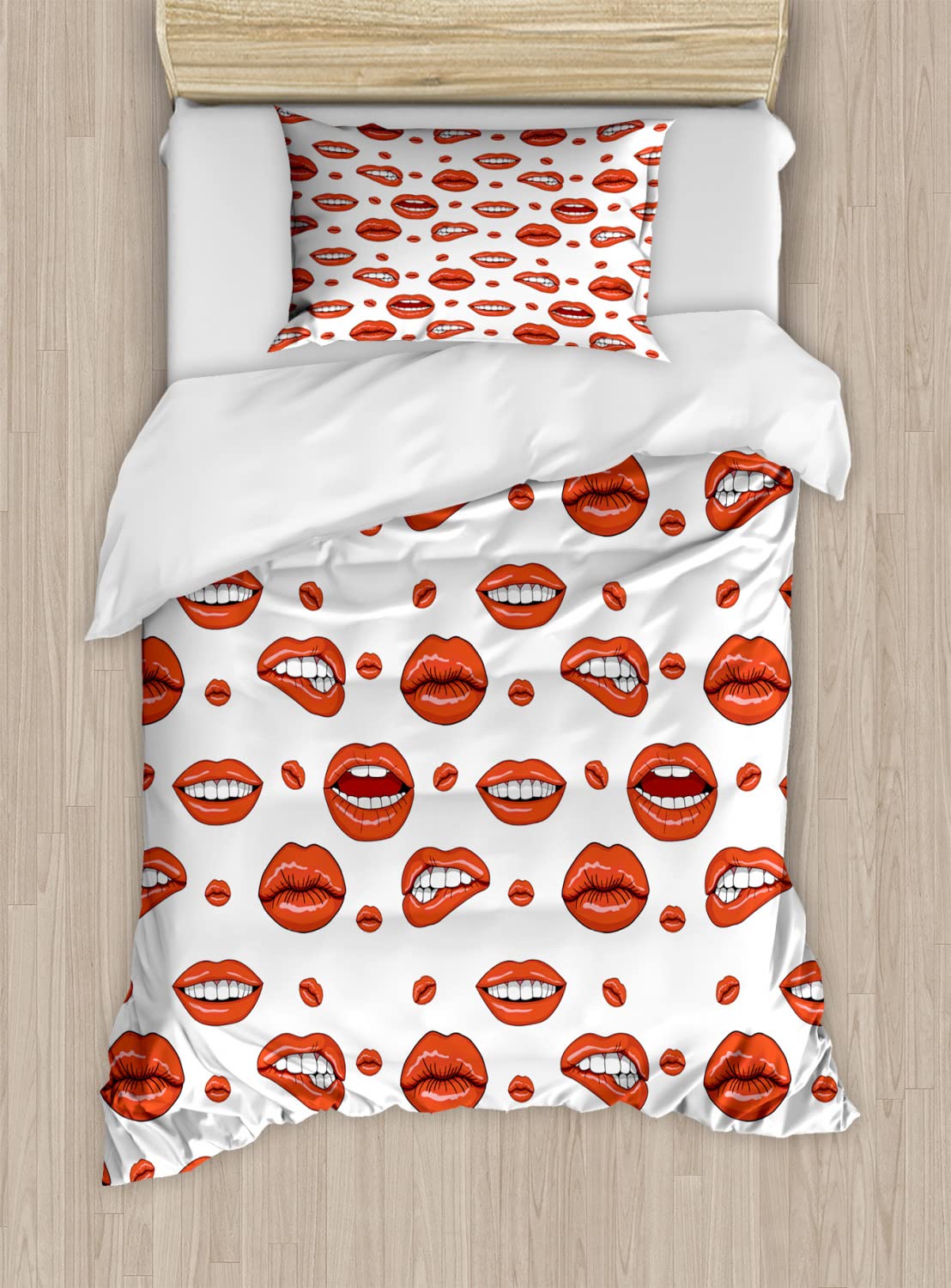 Vintage Duvet Cover Set with Women Lip Art Print - 2 Pack Queen Size Bedding Set (2 Duvet Covers + 4 Pillowcases) in Vermilion & White - Emotional Lip Gestures Design for Sad, Nervous, Happy Moods - Perfect for Bohemian Bedroom Decor & Unique Gift Idea