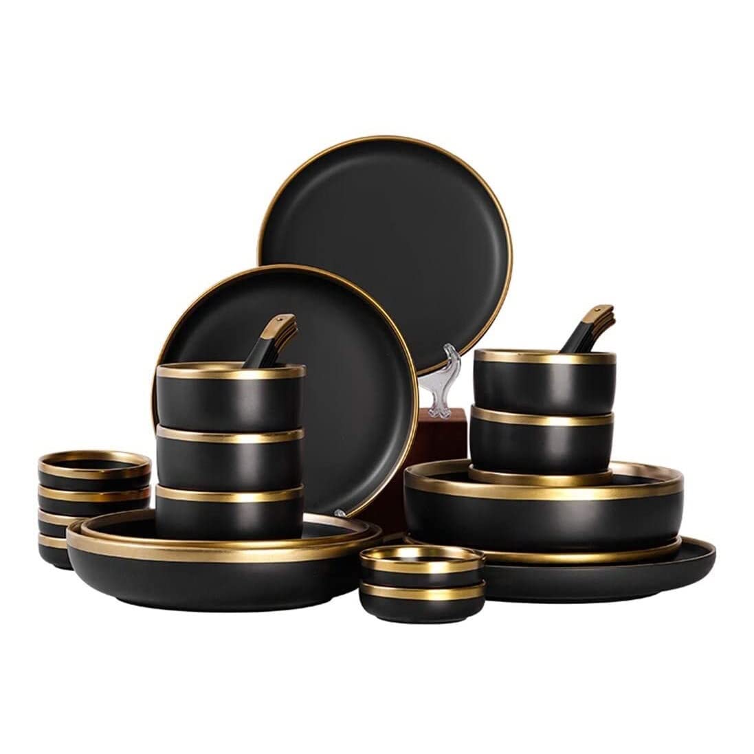 Nordic Style Dinnerware Set for 2/4/6 - 26pc Plates & Bowls for Home Kitchen - Black