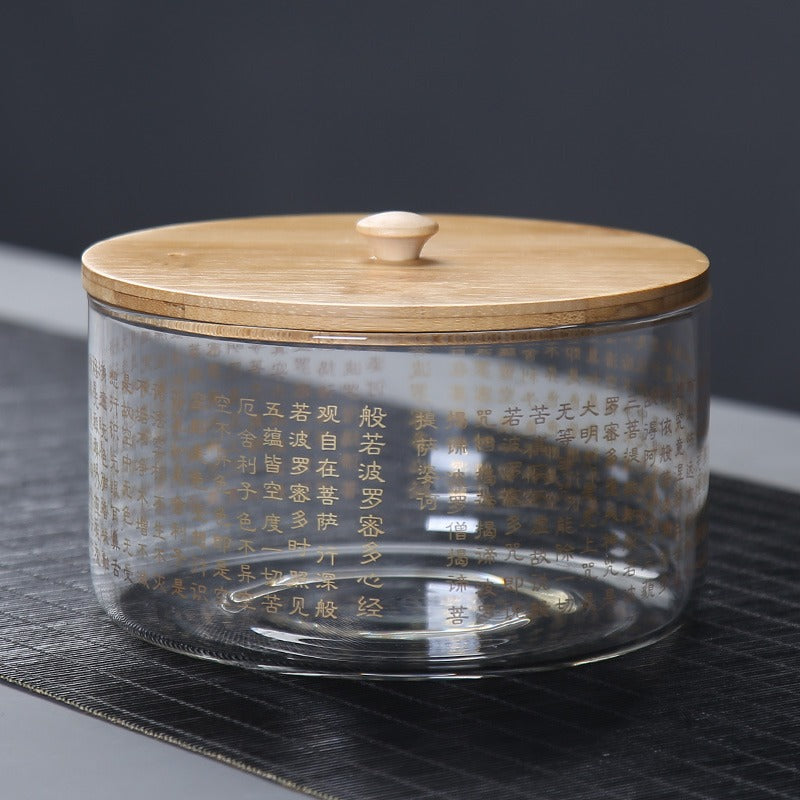 Heart Sutra Engraved Glass Tea Infuser with Lid - Perfect for Loose Leaf Tea Brewing & Meditation
