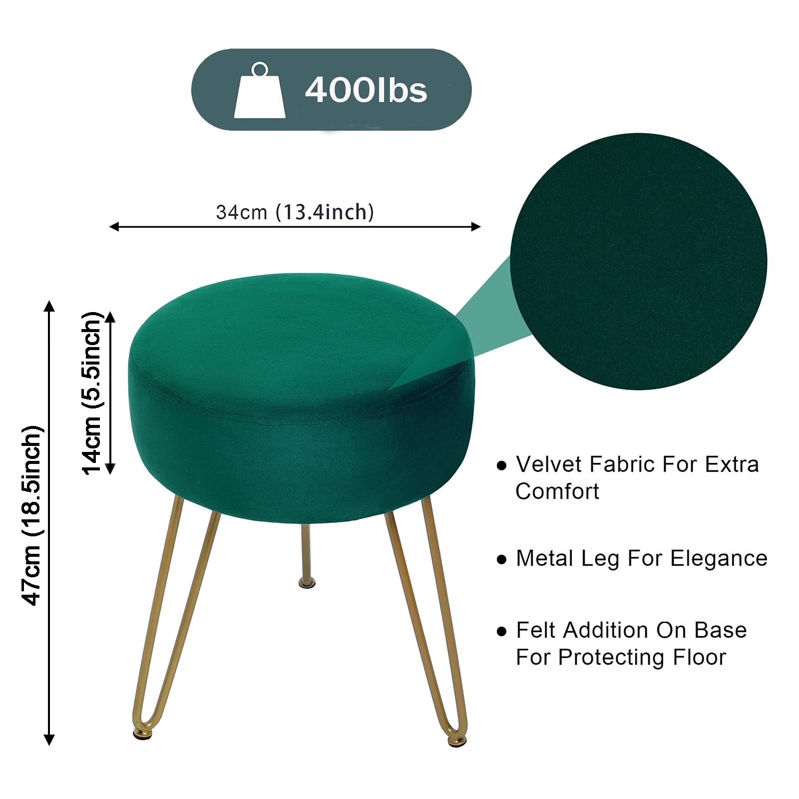 GERANT Velvet Round Ottoman Stool - Multifunctional Upholstered Footrest & Side Table with Golden Metal Legs - Modern Dressing Stool for Living Room, Bedroom, Vanity (Teal) | Perfect for Makeup Area, Reading Nook & Lounge Seating