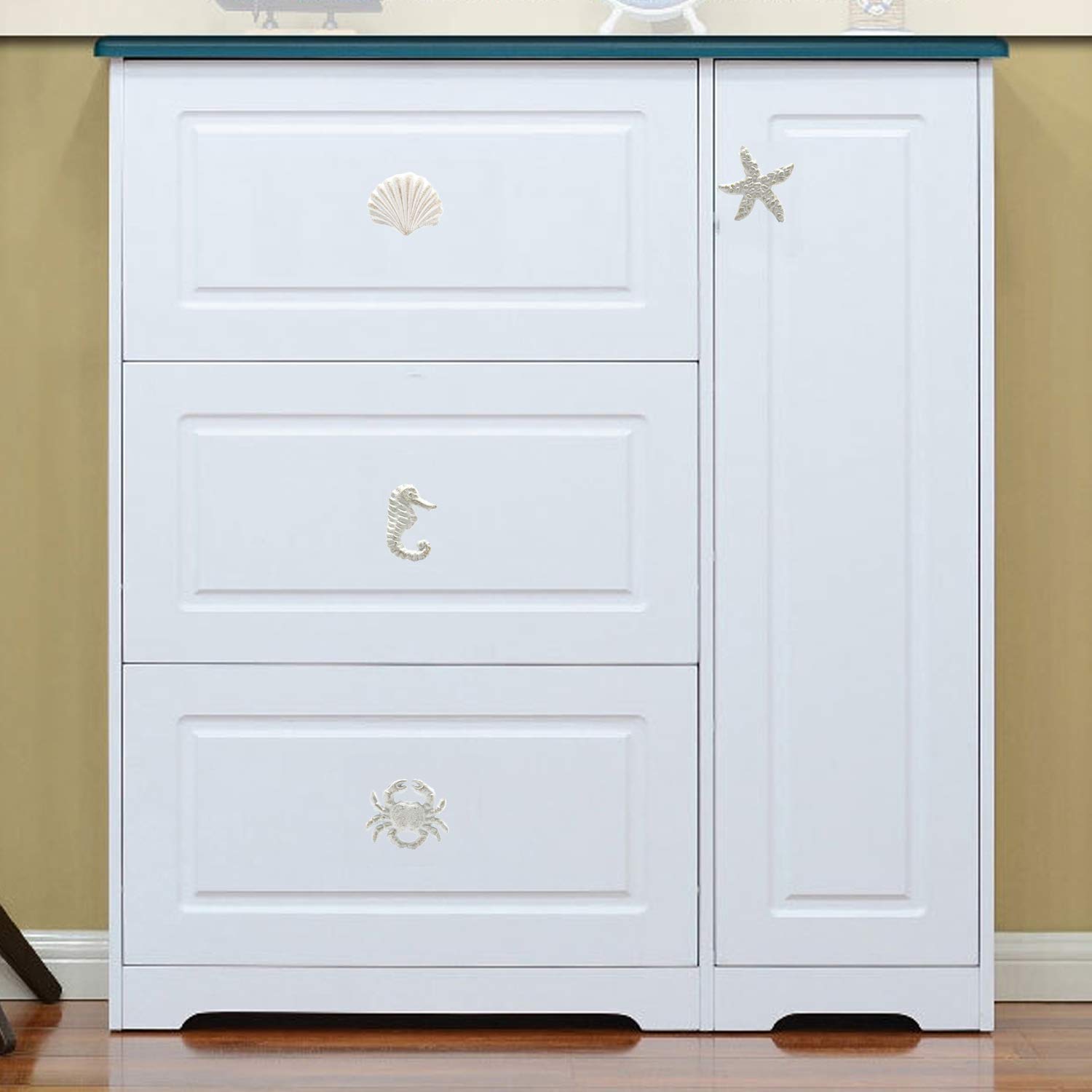Beach Theme Cabinet Knobs - 4 Pack White Sea Horse Starfish Handles for Dresser & Wardrobe - Coastal Decor