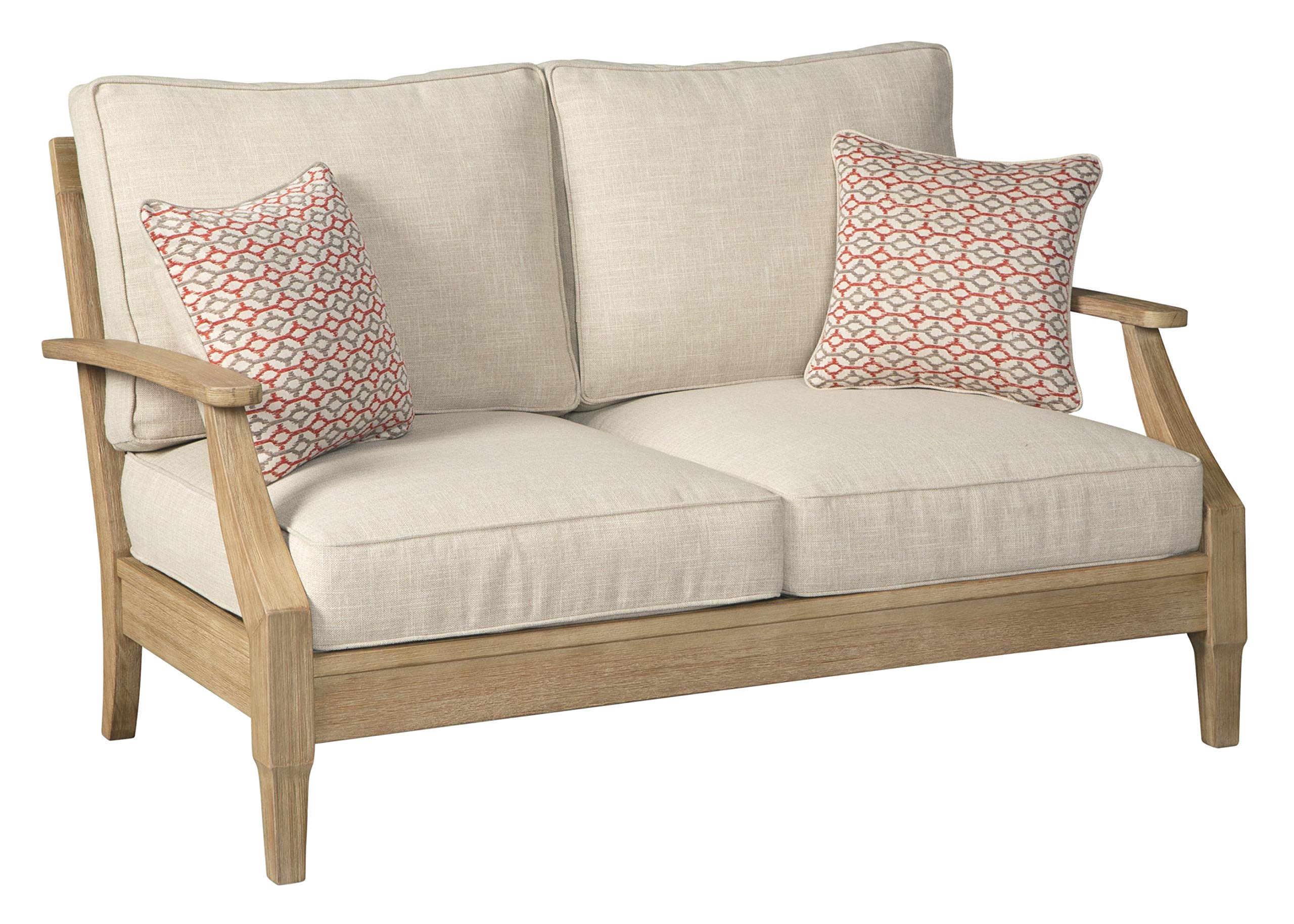 Signature Design by Ashley Clare View Eucalyptus Loveseat & Gerianne Outdoor Square End Table Set with Cushioned Lounge Chair - Beige Patio Furniture for Garden, Poolside & Backyard Relaxation