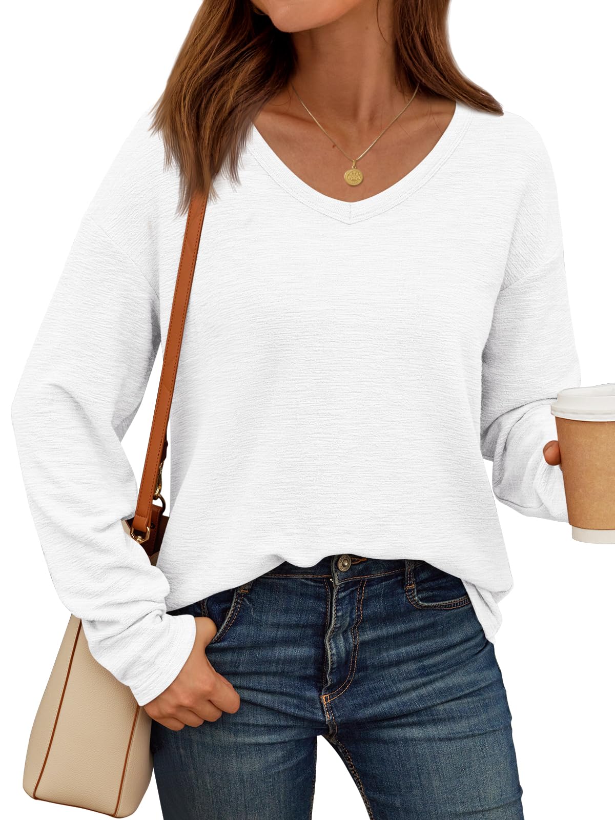 AUTOMET Women's Long Sleeve Oversized V-Neck Cotton T-Shirt - Soft Lightweight Pullover Top for Casual Wear, Loungewear & Everyday Outfits (2025 Collection)
