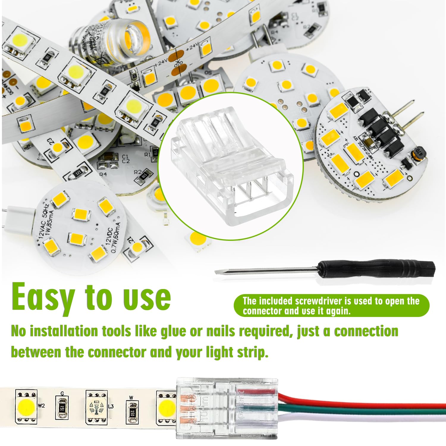 10mm 3-Pin LED Strip Connector - Clear Unwired Gapless Quick Connect Adapter for 5050 RGB LED Light Strips (20 Pack) - Perfect for Home, Office, and DIY Lighting Projects