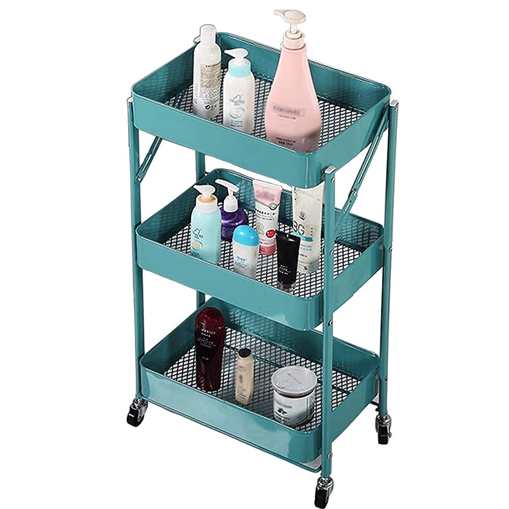 3-Tier Foldable Rolling Metal Utility Cart with Mesh Baskets & Lockable Wheels - Multifunctional Storage Organizer for Kitchen, Living Room, Office | Perfect for Pantry Organization, Bathroom Storage & Mobile Workstation