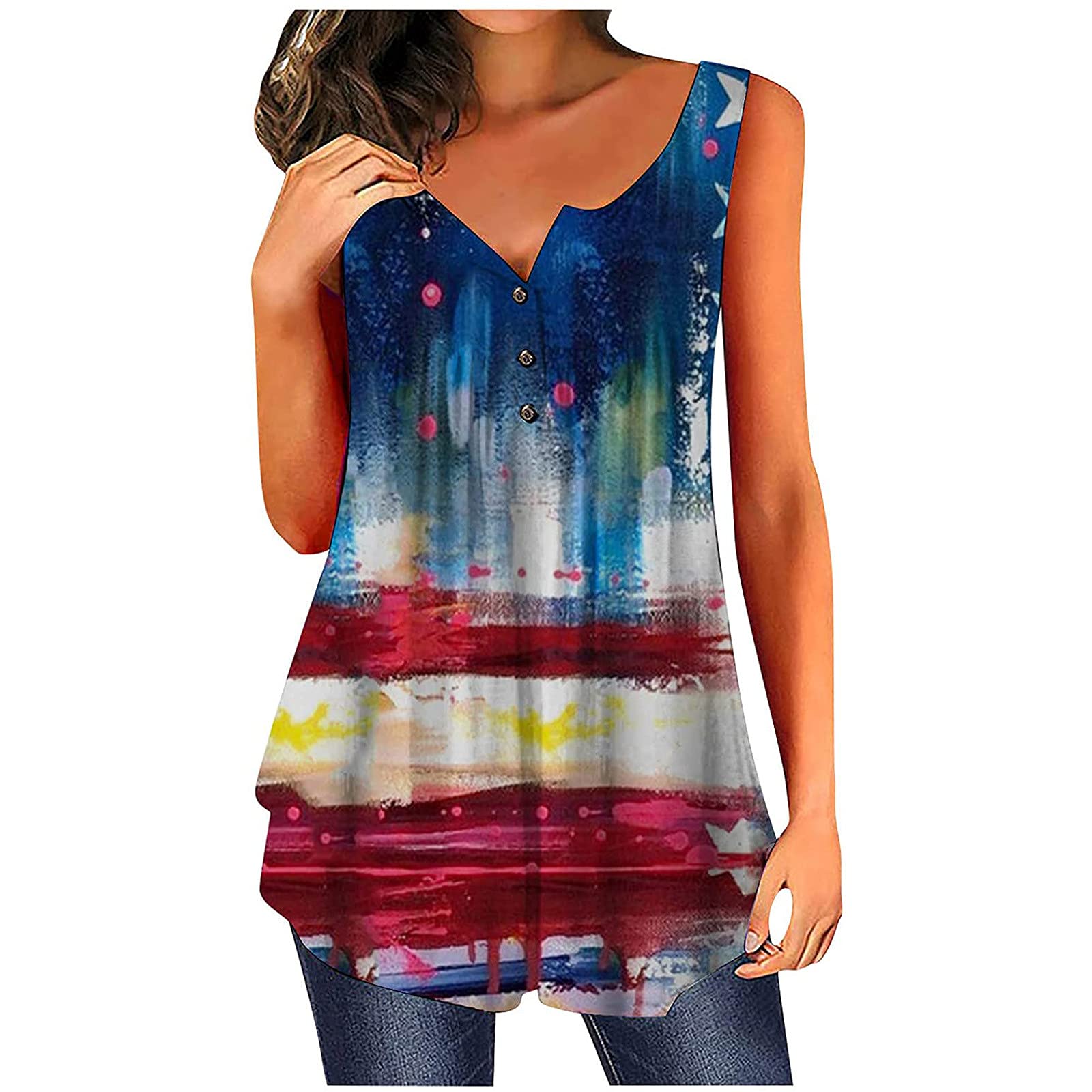 4th of July Shirts for Women - Sleeveless Patriotic Heart Print Crewneck Tees | Perfect for Independence Day Celebrations, BBQ Parties & Summer Festivals