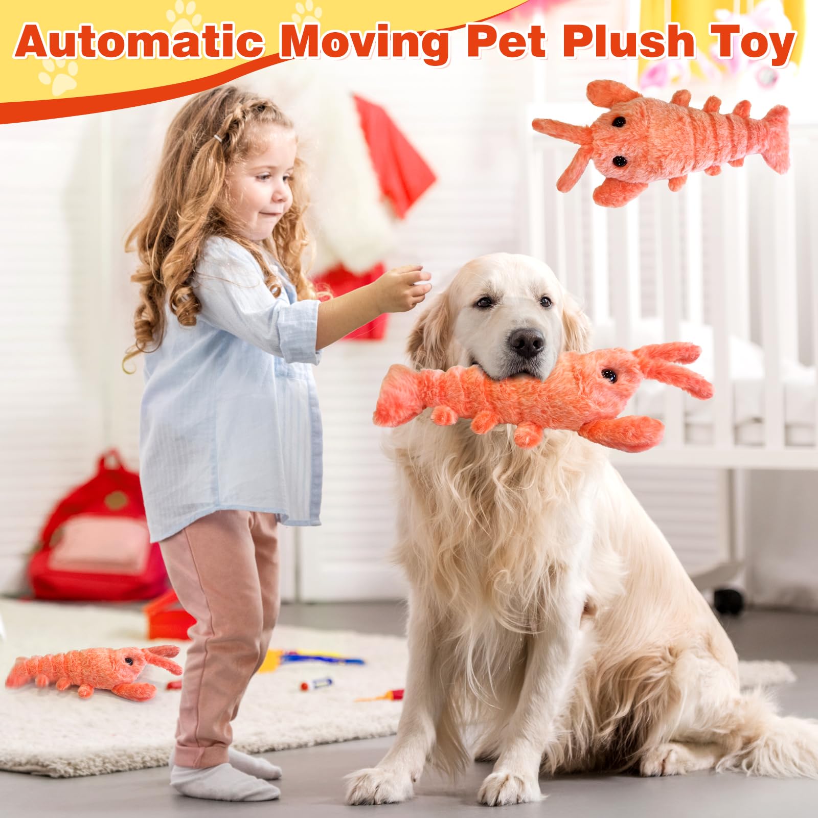 Floppy Lobster Interactive Dog Toy - Motion Activated Self-Moving Pet Toy for Boredom Relief, Chew-Resistant Washable Stuffed Animal for Dogs & Cats (Orange) - Perfect for Indoor Play, Training, and Anxiety Relief