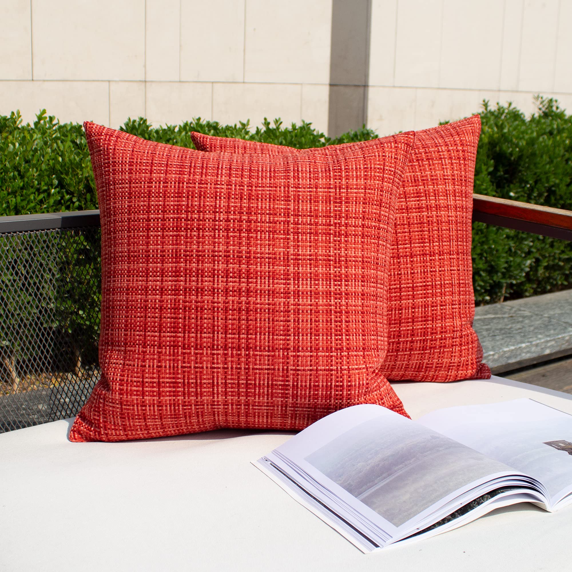 Kevin Textile 2-Pack Waterproof Outdoor Decorative Pillow Covers - 18x18 Inch Stripe Square Cushion Cases for Patio, Couch, Bench - Red | Weather-Resistant & UV Protection for Garden, Poolside & Porch Use