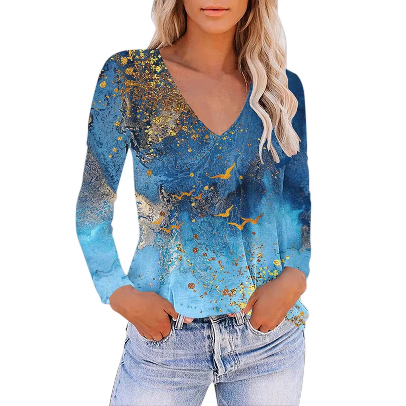 Women's Floral Print V-Neck Long Sleeve Slim Fit T-Shirt Tunic - Summer Casual Tops for Women | Perfect for Office, Date Night & Weekend Outings