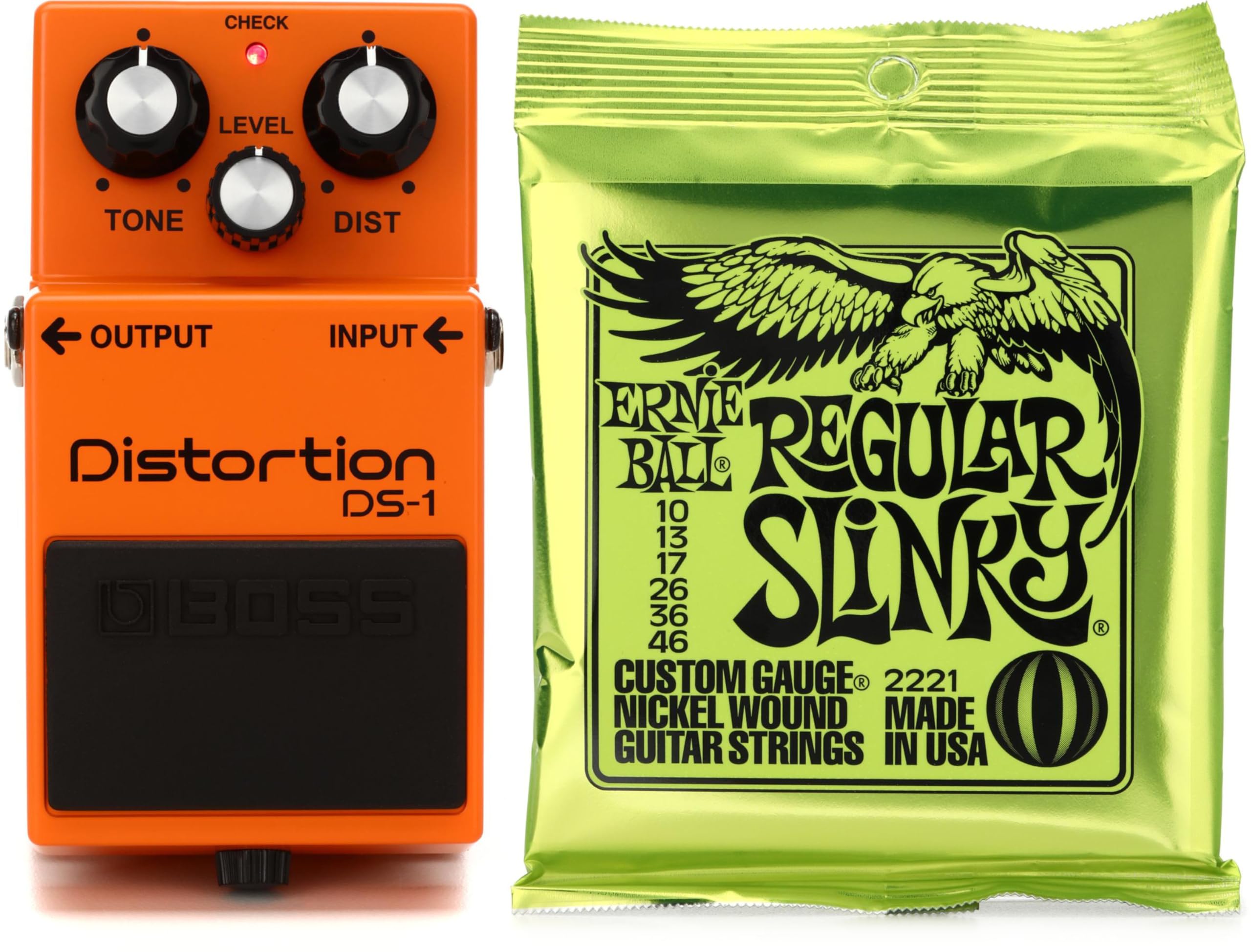 Boss DS-1 Distortion Pedal & Ernie Ball 2221 Regular Slinky Nickel Wound Electric Guitar Strings Bundle (.010-.046) - Premium Guitar Effects & Strings Combo for Rock, Metal & Studio Recording