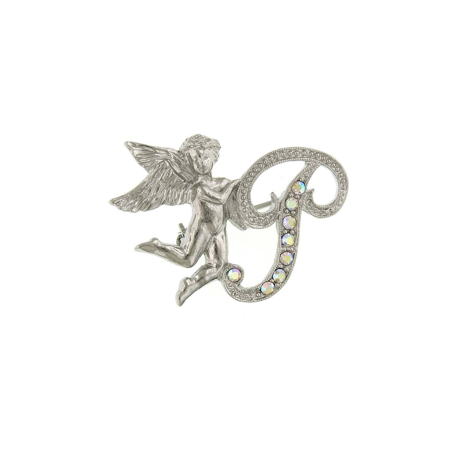1928 Jewelry Aurore Boreale Crystal Angel Initial Pin - Elegant Personalized Initial Brooch for Women, Gift for Her, Perfect for Weddings, Anniversaries & Special Occasions
