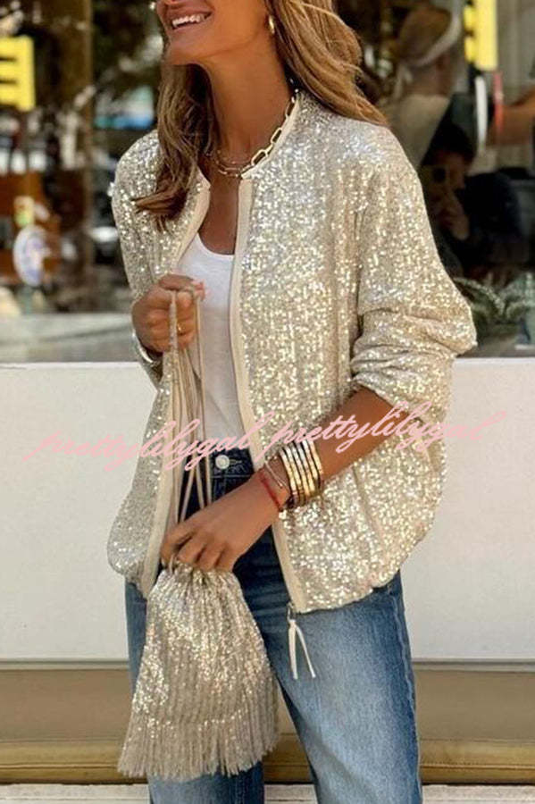 Star Kisses Sequin Zipped Long Sleeve Party Coat for Women - Glamorous Shiny Jacket for Evening Events, Club Outings & Special Occasions