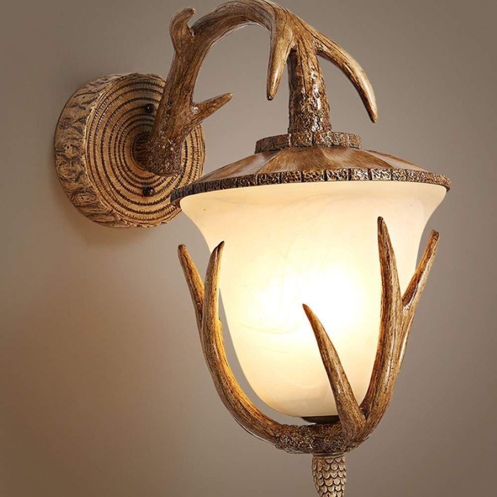 Vintage Antler Wall Lamp with Resin & Snowflake Glass - E27 Bulb Compatible for Restaurant, Cafe, Bar, Hotel & Home Decor | Rustic Country Wall Sconce Lighting for Cozy Ambiance