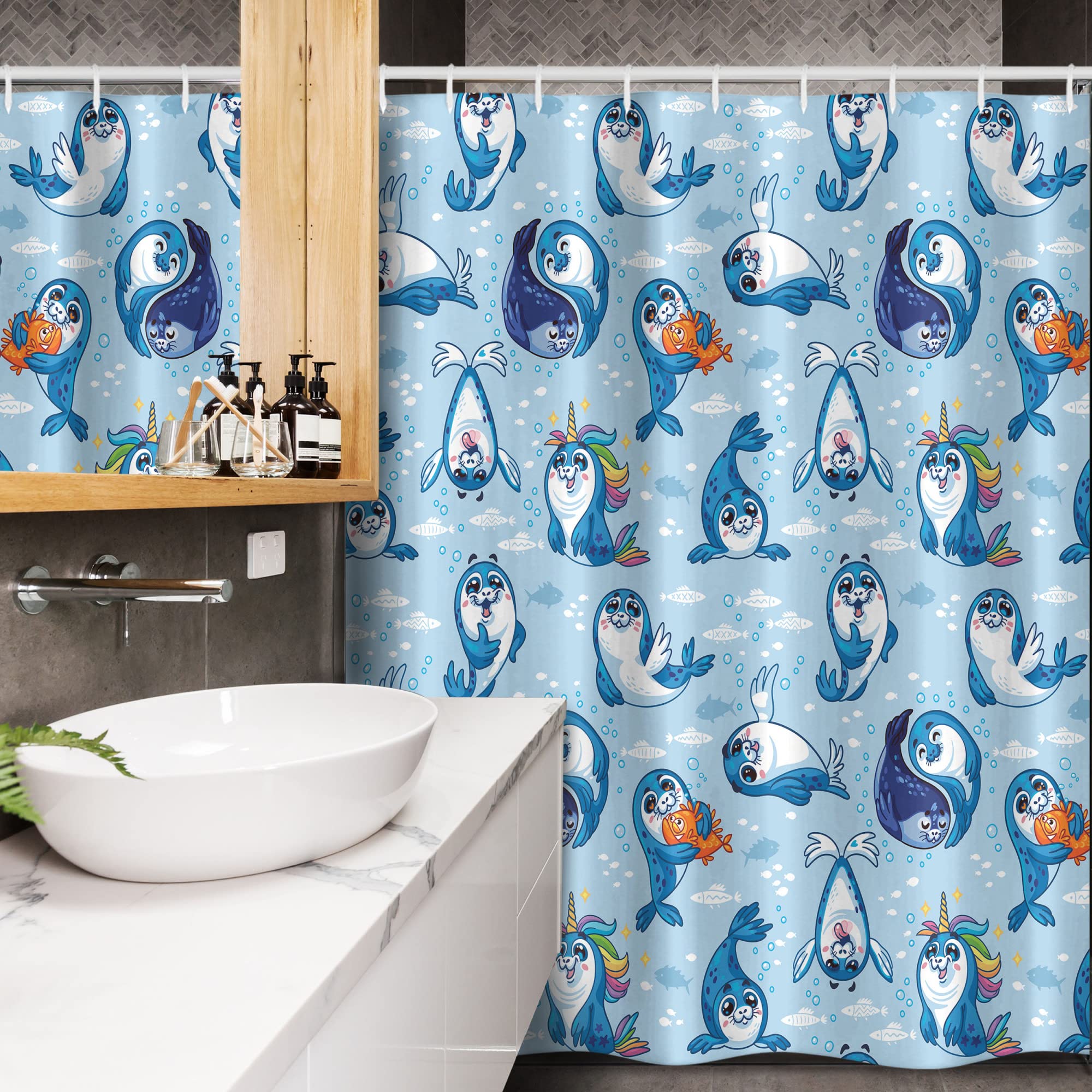 Ambesonne Sea Animals Shower Curtain - Seal Pup Aquatic Wildlife Design with Hugging Water Bubbles, Blue White Marigold Fabric Bathroom Decor Set with Hooks, 54