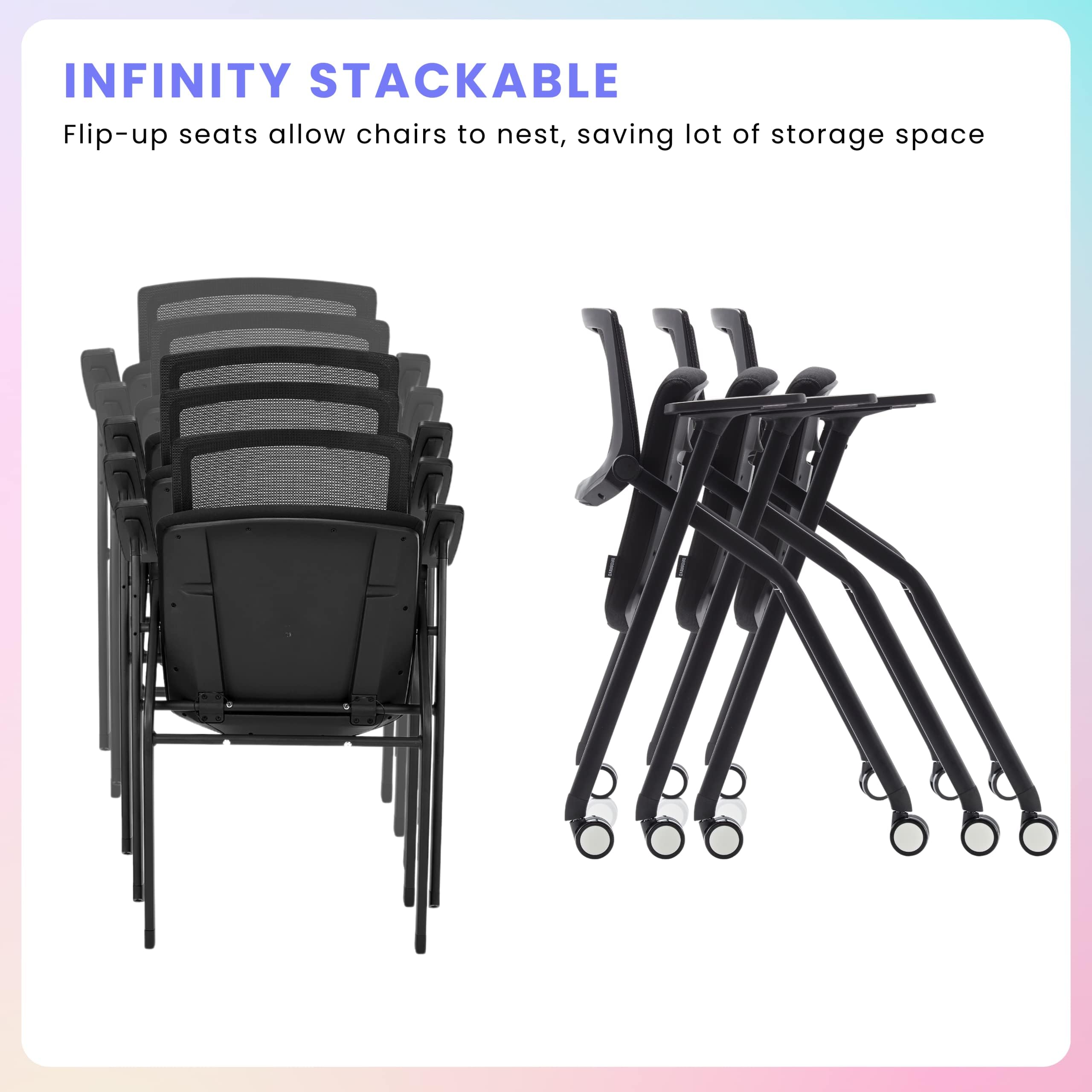 4 Pack Stackable Conference Room Chairs with Wheels - Ergonomic Mesh Back Office Chairs with Adjustable Arms & Paddle for Meeting, Training, Reception & Home Office - Perfect for Conference Rooms, Coworking Spaces & Home Workstations
