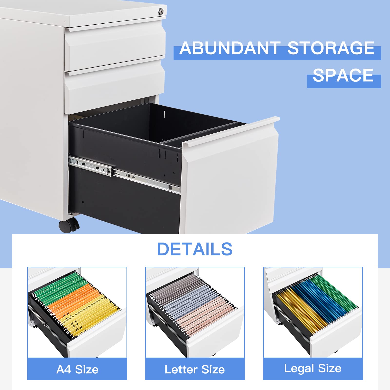 Yizosh 3-Drawer Locking Mobile File Cabinet - White Under Desk Rolling Storage Organizer for Legal/Letter/A4 Files - Heavy Duty Metal Locking File Cabinet with Wheels (Fully Assembled) - Perfect for Office, Home, or Classroom Organization