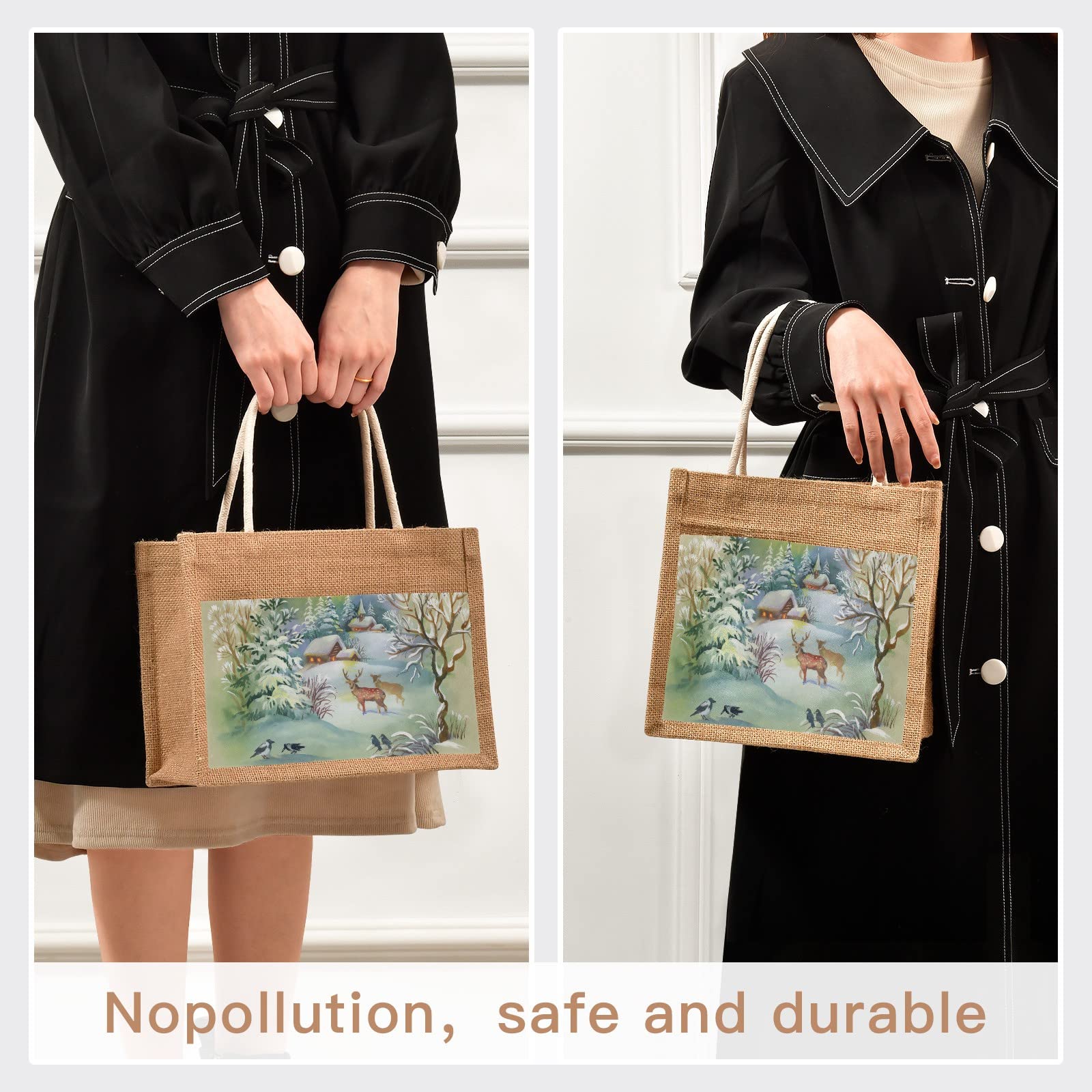 Linqin Deer Jute Tote Bag - Waterproof Burlap Straw Grocery Shopping Bag for Women - Eco-Friendly Reusable Beach Tote for Travel, Market & Daily Use