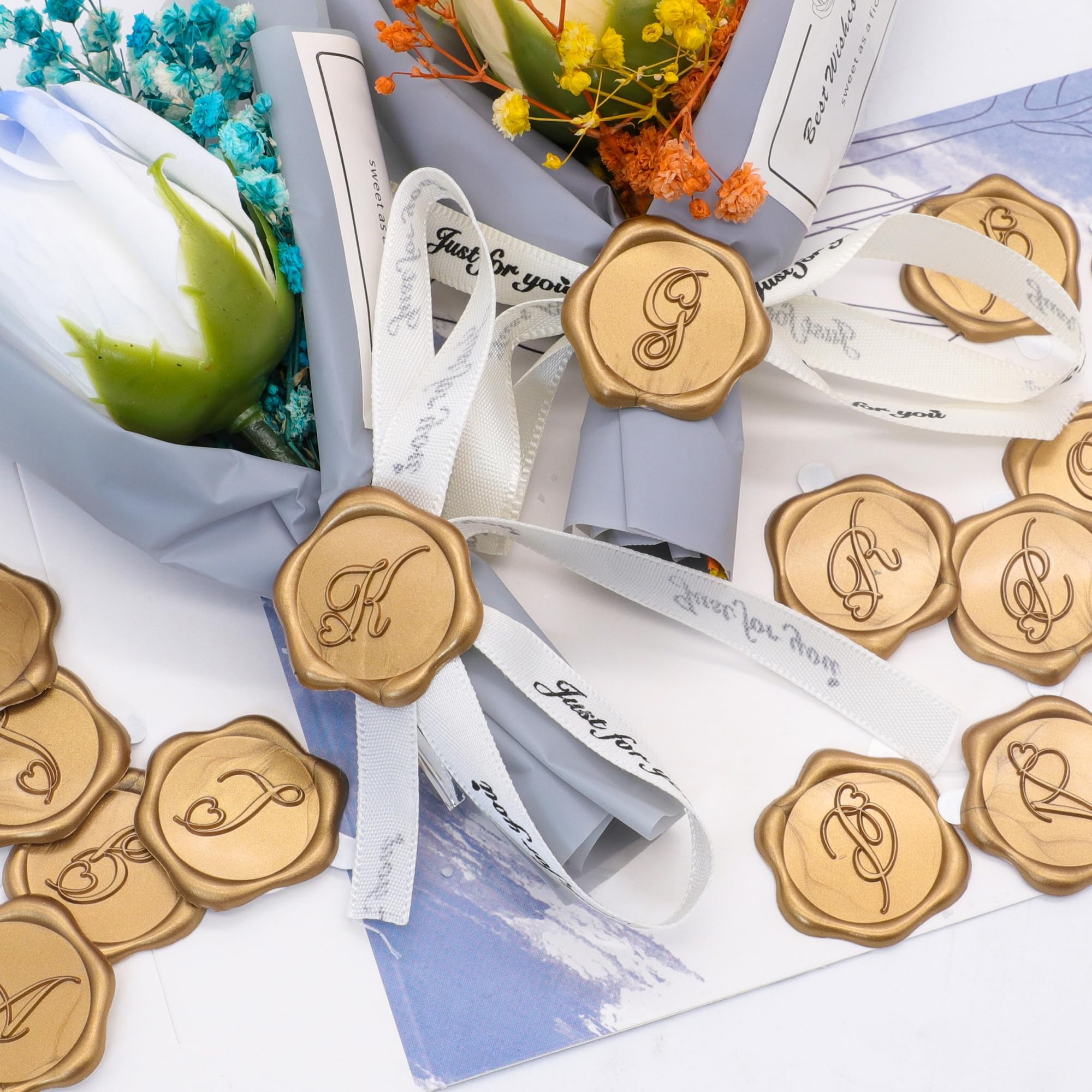 SWANGSA 100 Pack Antique Gold Heart Design Letter C Wax Seal Stickers - Self-Adhesive Wax Seals for Wedding Invitations, Party Envelopes, Greeting Cards & DIY Scrapbooking