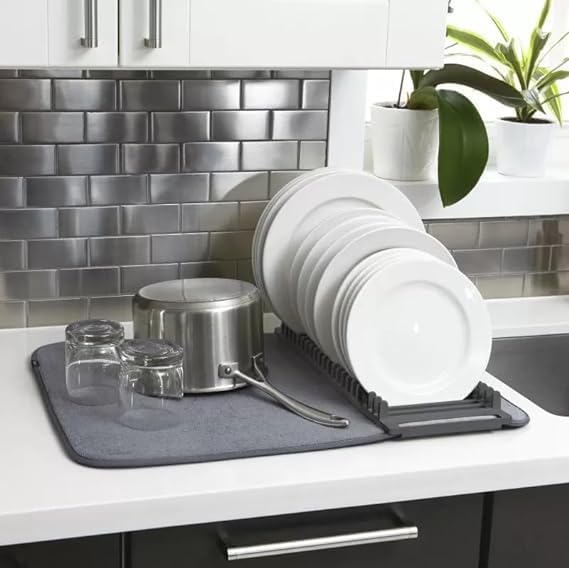 ENCHANTMENT ARAA PAVA Dish Drying Rack with Microfiber Mat - Removable Countertop Drain Tray for Wine Glasses, Bowls & Plates - Perfect for Kitchen Sink, Countertop Drying & Space-Saving Storage