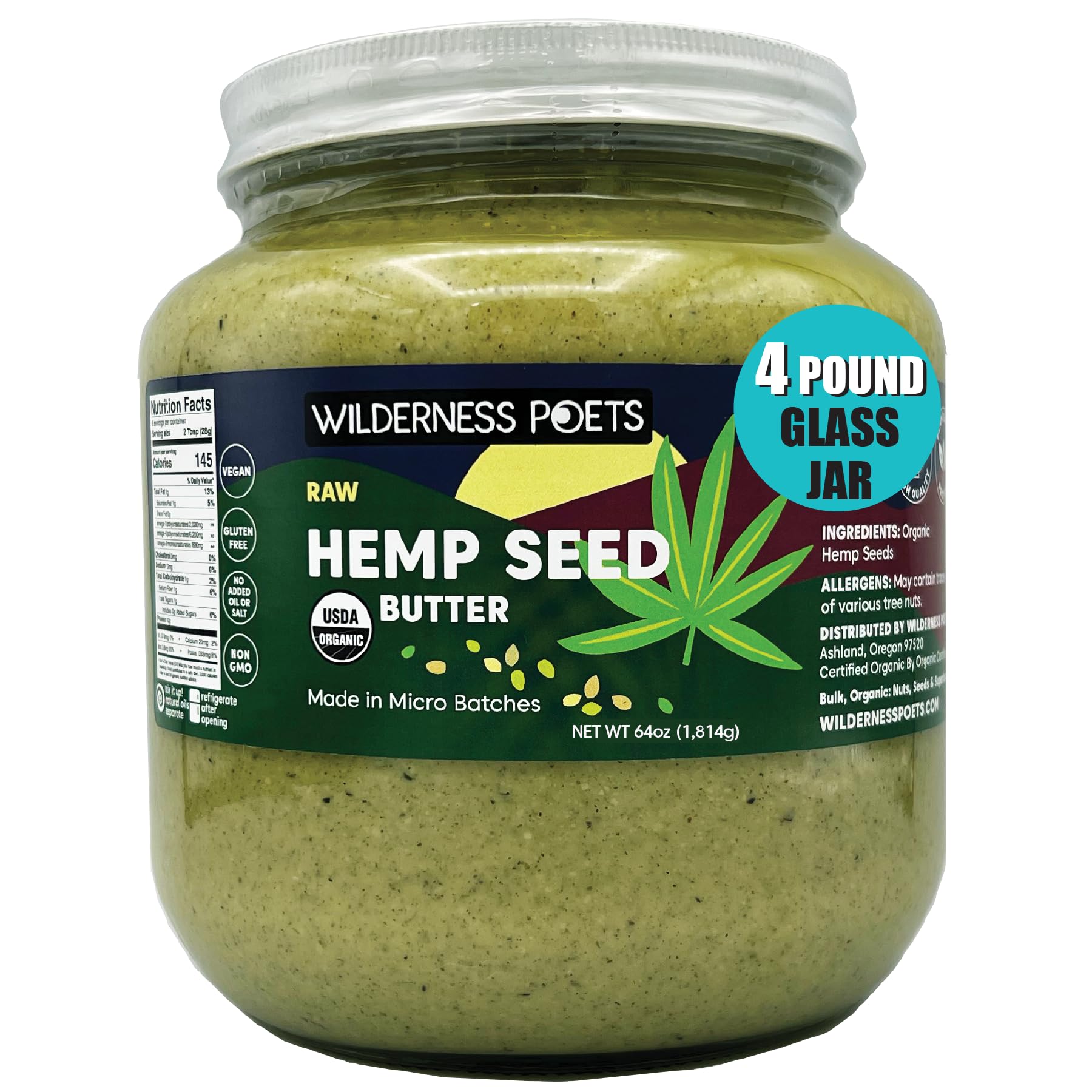 Organic Raw Hemp Seed Butter by Wilderness Poets - 64oz Half Gallon Glass Jar - Vegan, Gluten-Free, Nutrient-Rich Superfood Spread - Perfect for Smoothies, Toast & Healthy Snacking