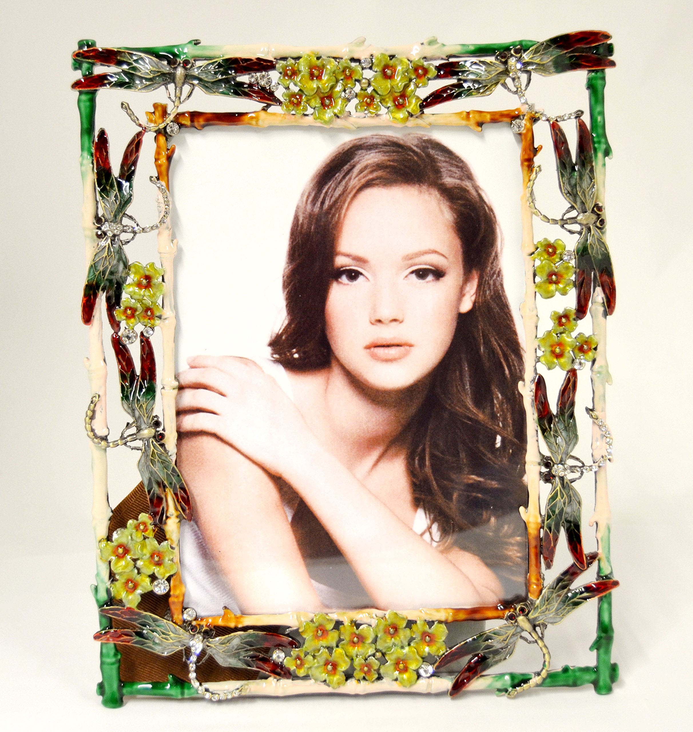 Hand-Painted Floral Dragonfly Picture Frame with Green & Red Enamel and Austrian Crystals - Perfect for Home Decor, Wedding Gifts, and Vintage-Inspired Displays