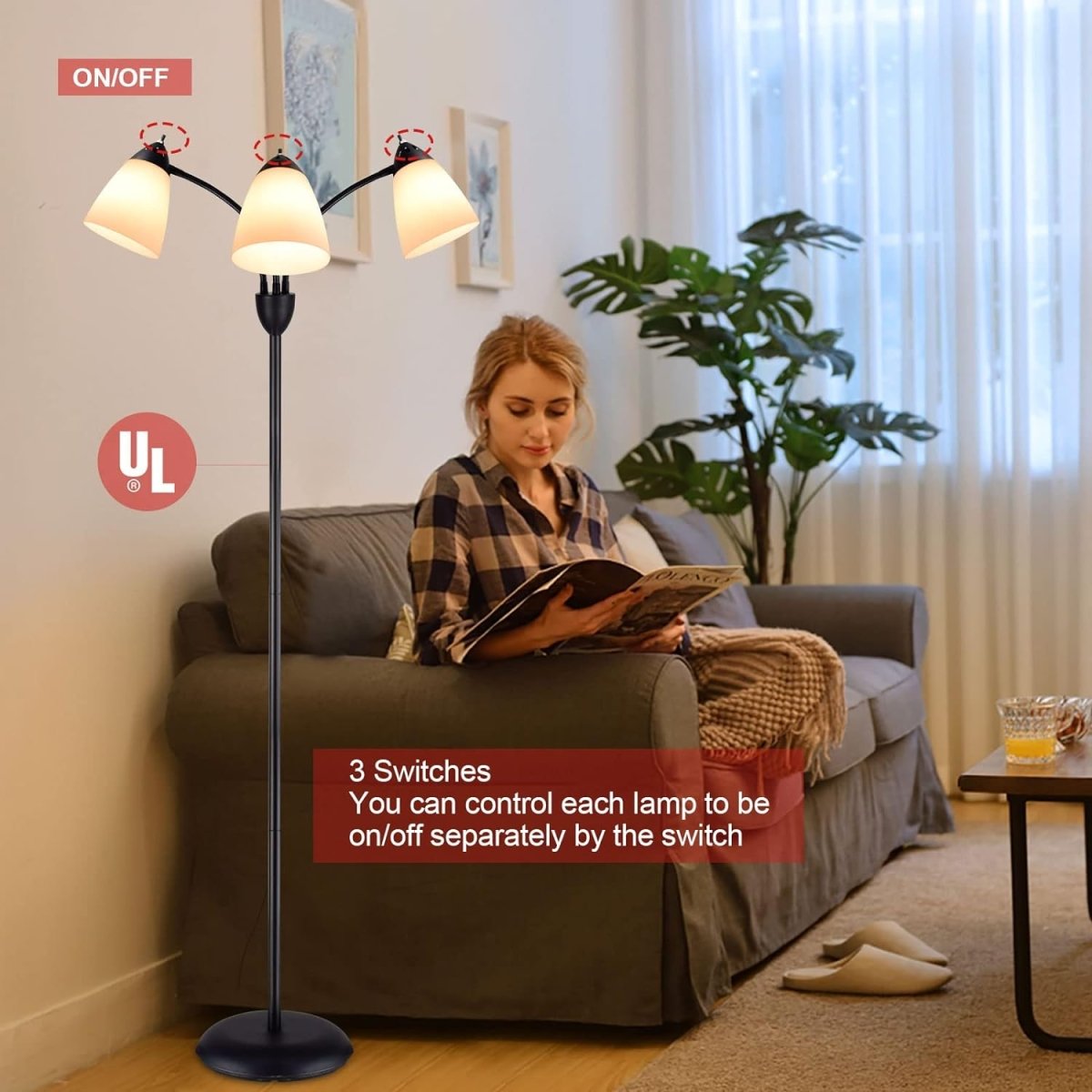 Modern Adjustable Floor Lamp with 3 Flexible Gooseneck Lights - Black Metal & White Shade Standing Tree Lamp for Living Room, Bedroom, Office & Study - Perfect for Reading, Working & Relaxing