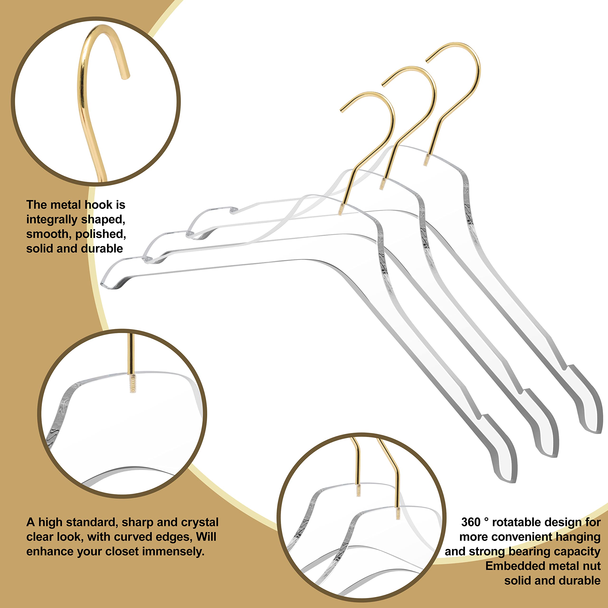 Premium Clear Acrylic Hangers with Swivel Gold Hook - 20 Pack Non-Slip Closet Organizers for Luxury Wardrobe & Display - Perfect for Clothing Boutiques, Walk-in Closets and Jewelry Storage