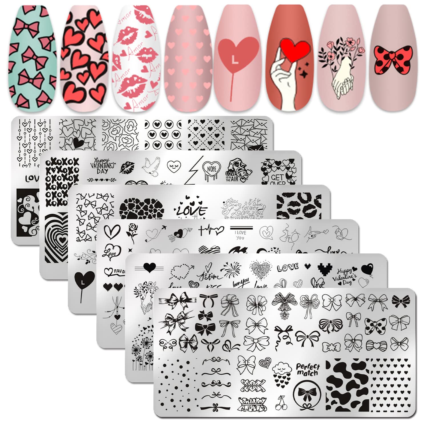 6-Piece Valentine's Day Nail Stamp Kit - Heart Nail Art Stamping Plates, Stencils & Polish Tools for Acrylic Nails | DIY Holiday Nail Designs for Parties, Gifts & Romantic Dates