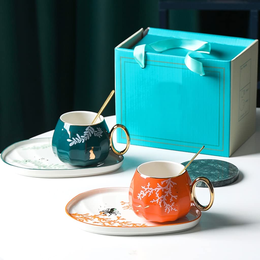 Vintage Ceramic Flower Tea Cup and Saucer Set with Gold Trim - 11.3oz Porcelain Coffee Cup Set, British Style Tea Cup, Espresso Mug - Perfect for Afternoon Tea, Coffee Break & Gift Giving (Orange)