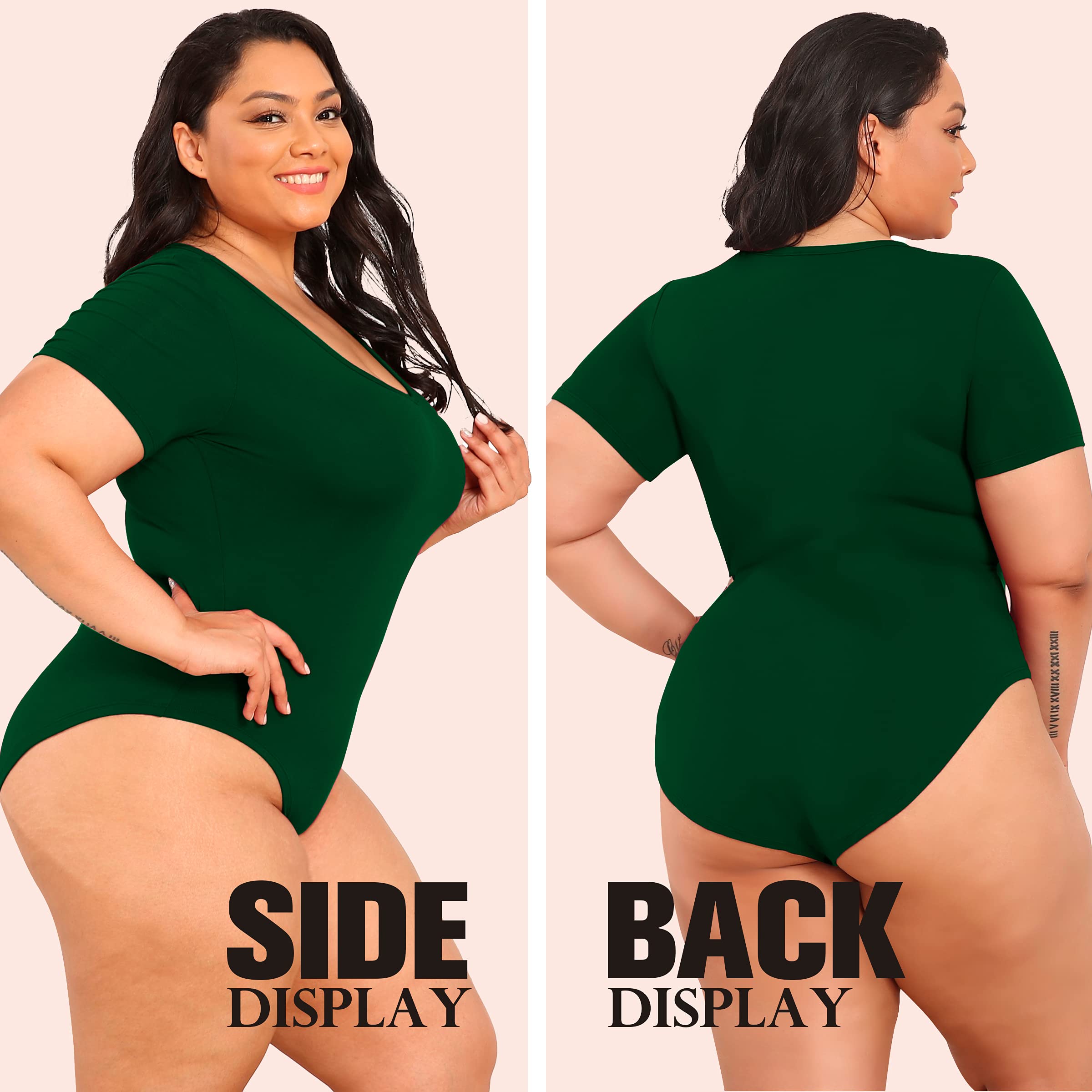POSESHE Women's Plus Size V-Neck Short Sleeve Bodysuit - Casual Basic T-Shirt Style Jumpsuit for Everyday Wear, Layering & Comfort