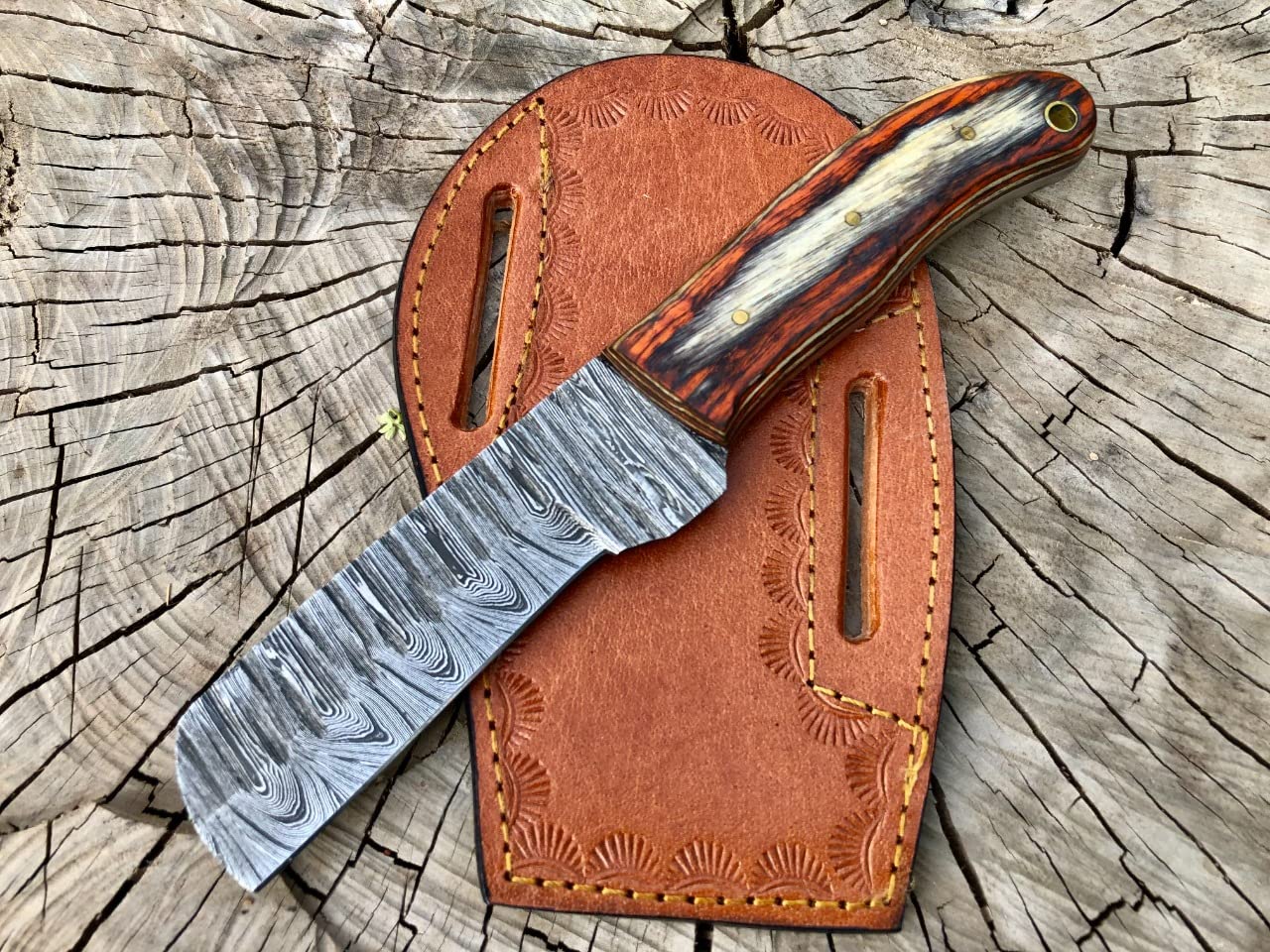Premium Wanowa Cowboy Bull Cutter Knife - Hand Forged Damascus Steel EDC Pocket Knife with Leather Sheath - Perfect for Hunting, Camping & Outdoor Adventures