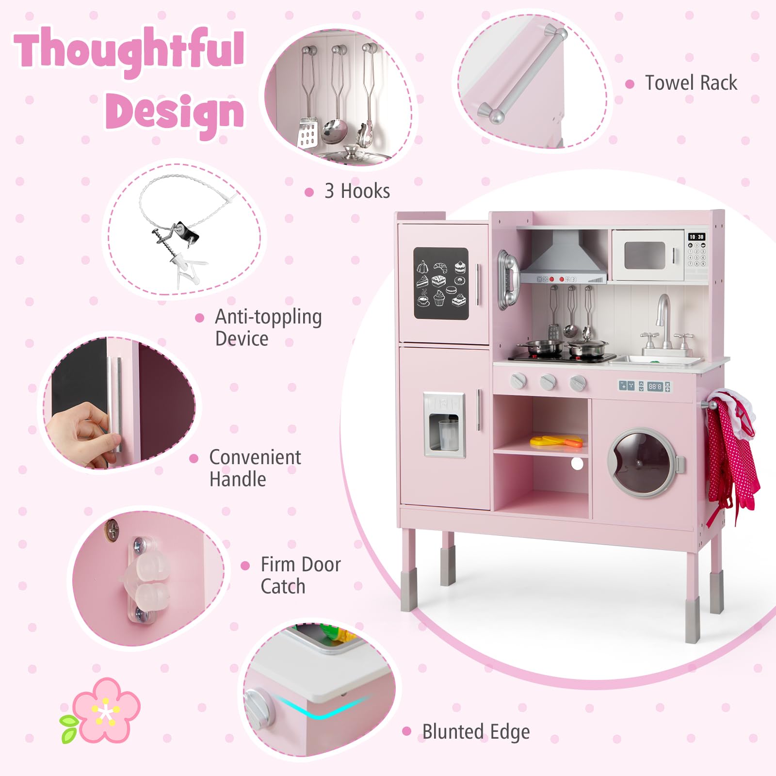 HONEY JOY Pink Wooden Play Kitchen Set for Toddlers - Pretend Play Toy with Microwave, Cookware, Washing Machine & Blackboard - Educational Gift for Boys & Girls - Perfect for Birthday, Christmas & Role-Playing Fun