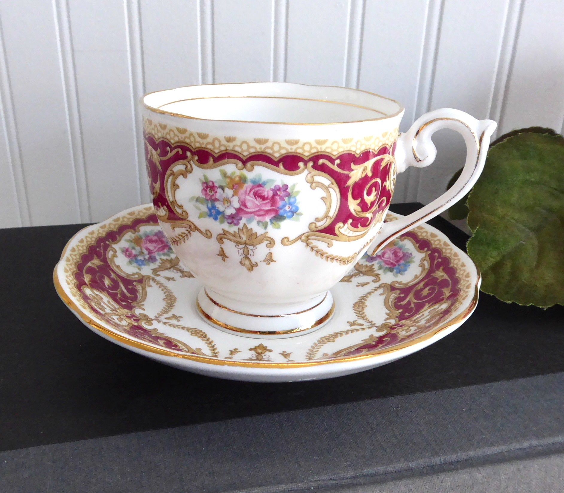 Vintage Queen Anne Regency English Tea Cup and Saucer Set - 1950s Floral Maroon Scroll Design - Elegant Bone China for Afternoon Tea, Bridal Shower, and Antique Collectors