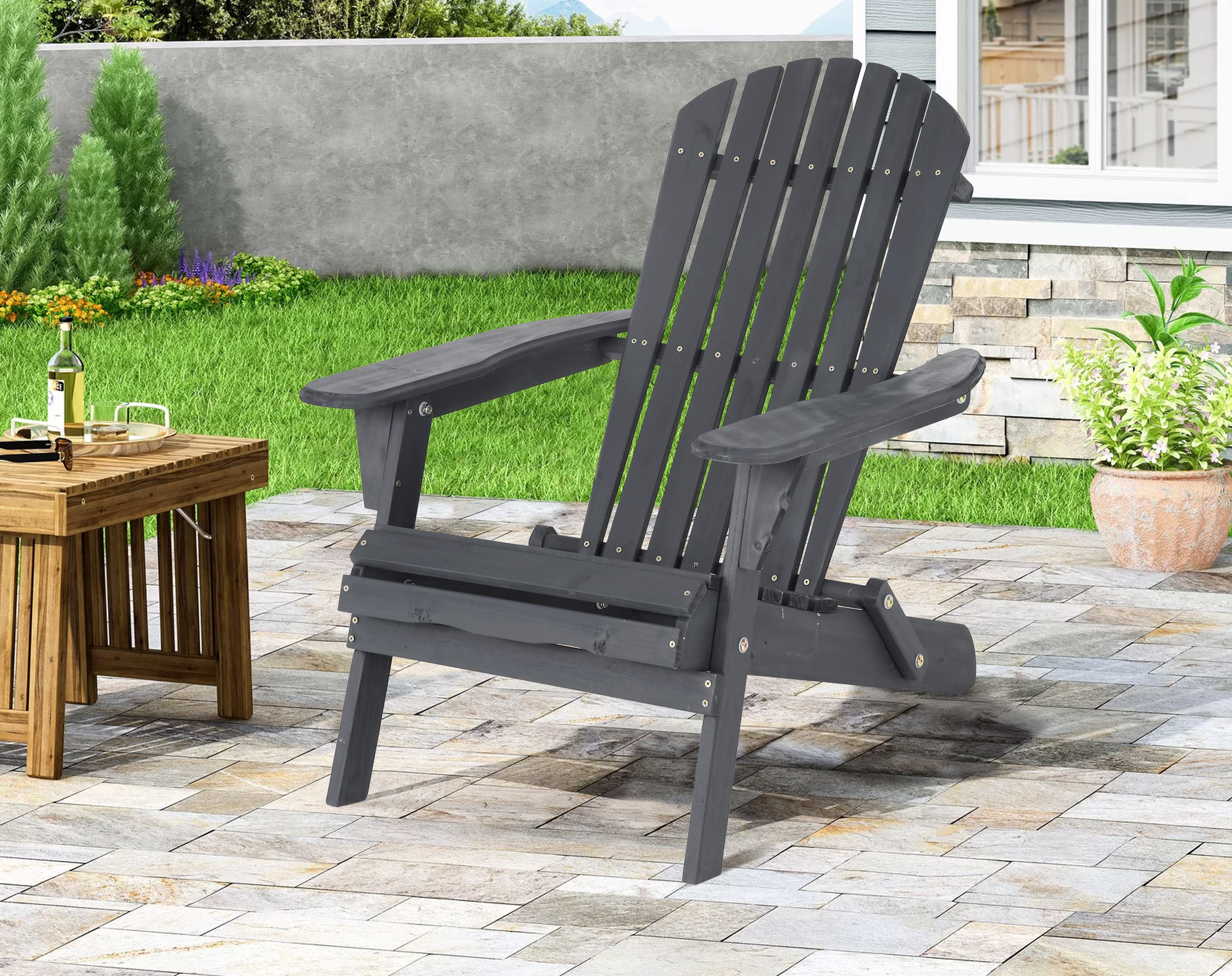 BIQWBIC Folding Adirondack Chair - Weather-Resistant Outdoor Patio Furniture for Garden, Backyard, Poolside & Fire Pit - Modern Gray Lawn Chairs for Relaxing in Comfort