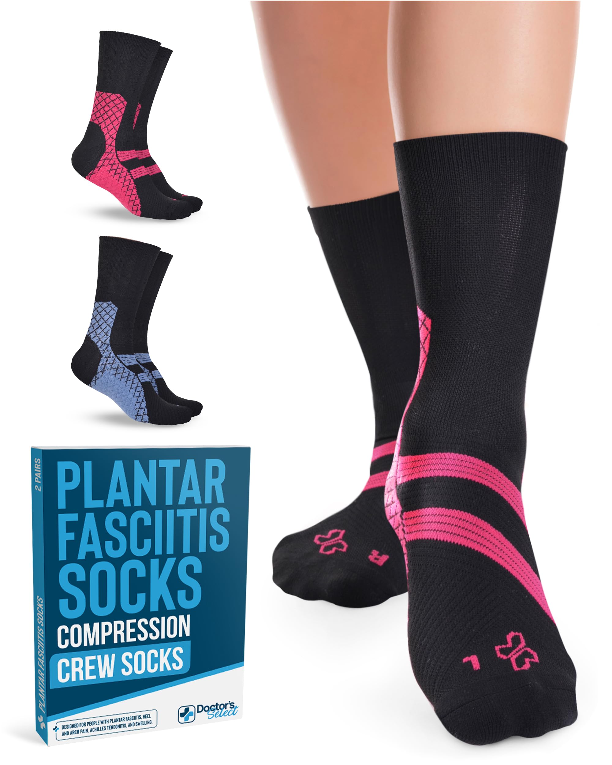 Doctor's Select Plantar Fasciitis Socks - 2 Pairs | Best Compression Socks for Foot Pain Relief & Arch Support | Plantar Fasciitis Treatment Socks for Running, Walking & Daily Comfort