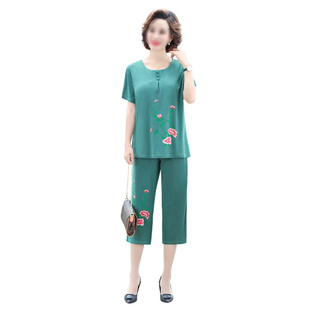 Women's Summer Printed Short Sleeve T-Shirt & Pants Two Piece Set - O Neck Loose Tracksuit for Middle-Aged (Green, Size 4XL) | Casual Outfit for Beach, Travel & Daily Wear