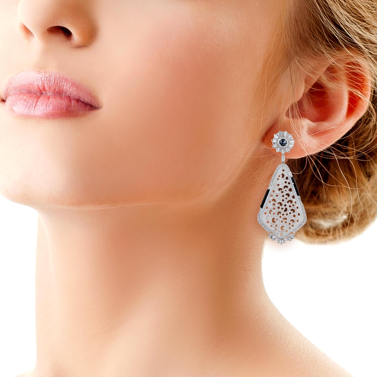 Exquisite Carved Jade & Multi-Gemstone Baguette Diamond Dangle Earrings in 14K White Gold – Elegant Jewelry for Weddings, Parties & Special Occasions