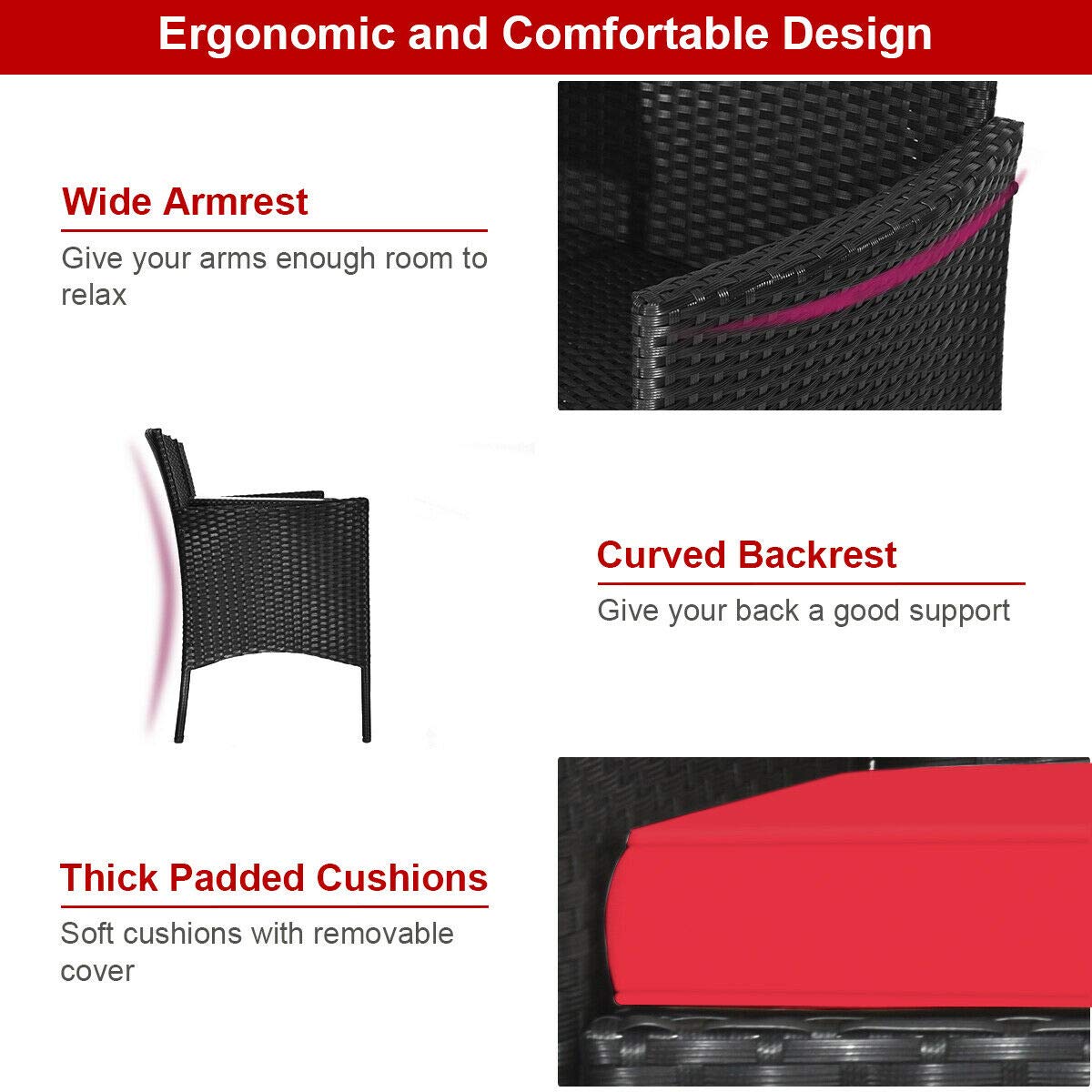Relax4Life Outdoor Rattan Wicker Conversation Set with Coffee Table & 2 Removable Cushion Chairs - Patio, Garden, Balcony, Lawn Furniture for Porch, Backyard & Poolside (Black & Red)