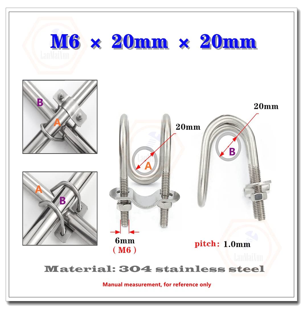4 Pack M6×20mm×20mm 304 Stainless Steel Double U Shape Bolts with Nuts & Washers - Heavy Duty Pipe Clamps for Plumbing, HVAC, Automotive and Marine Applications