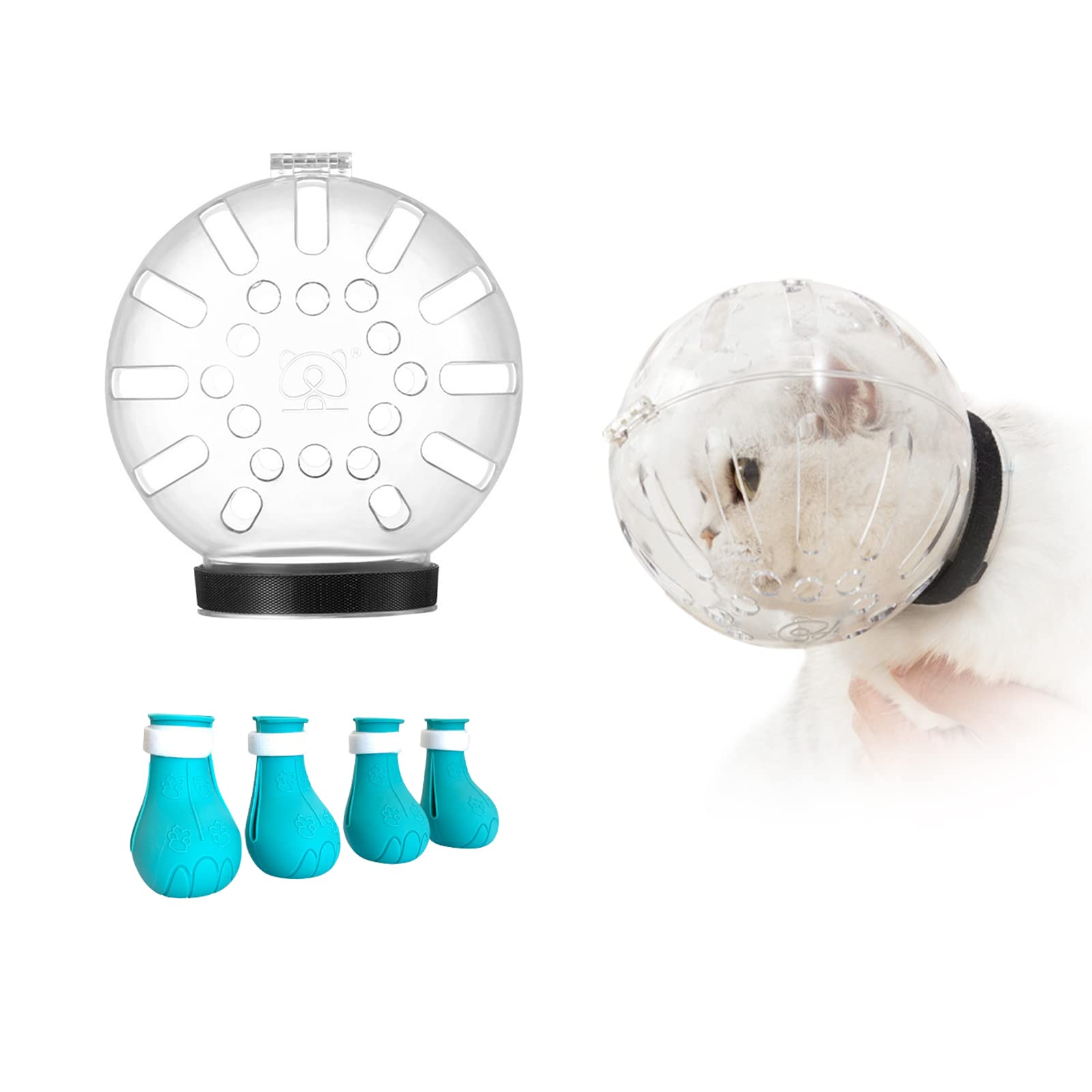 Cat Muzzle for Grooming & Nail Trimming - Anti-Bite Bubble Muzzle with Breathable Astronaut Helmet & Silicone Paw Covers | Safe Pet Grooming Accessories for Vet Visits, Bath Time & Nail Care