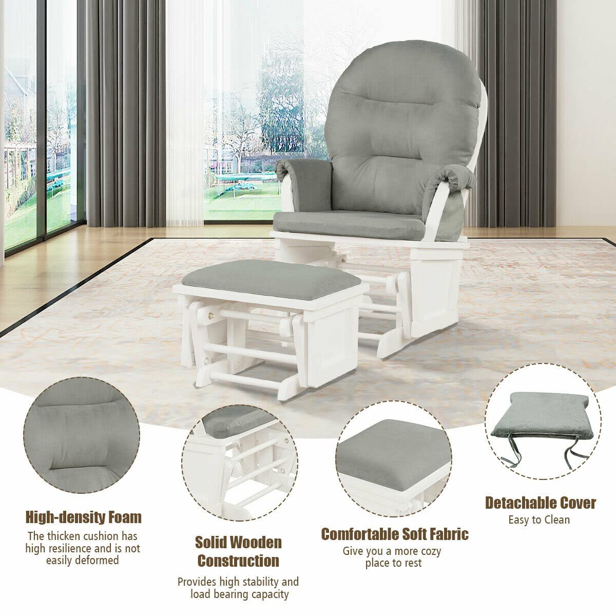 Costzon Baby Glider and Ottoman Set - Light Grey Upholstered Nursery Chair with Padded Armrests & Detachable Cushion | Wooden Rocking Chair for Nursing, Napping & Reading | Perfect for Nursery, Bedroom or Living Room