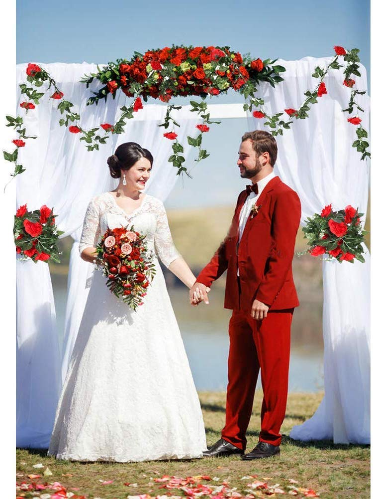 16 FT Artificial Rose Vine Garland - Fake Hanging Flowers for Home, Hotel, Office, Wedding & Garden Decor (Red, 2 Pack) - Perfect for Wall, Fence, Balcony & Party Decoration