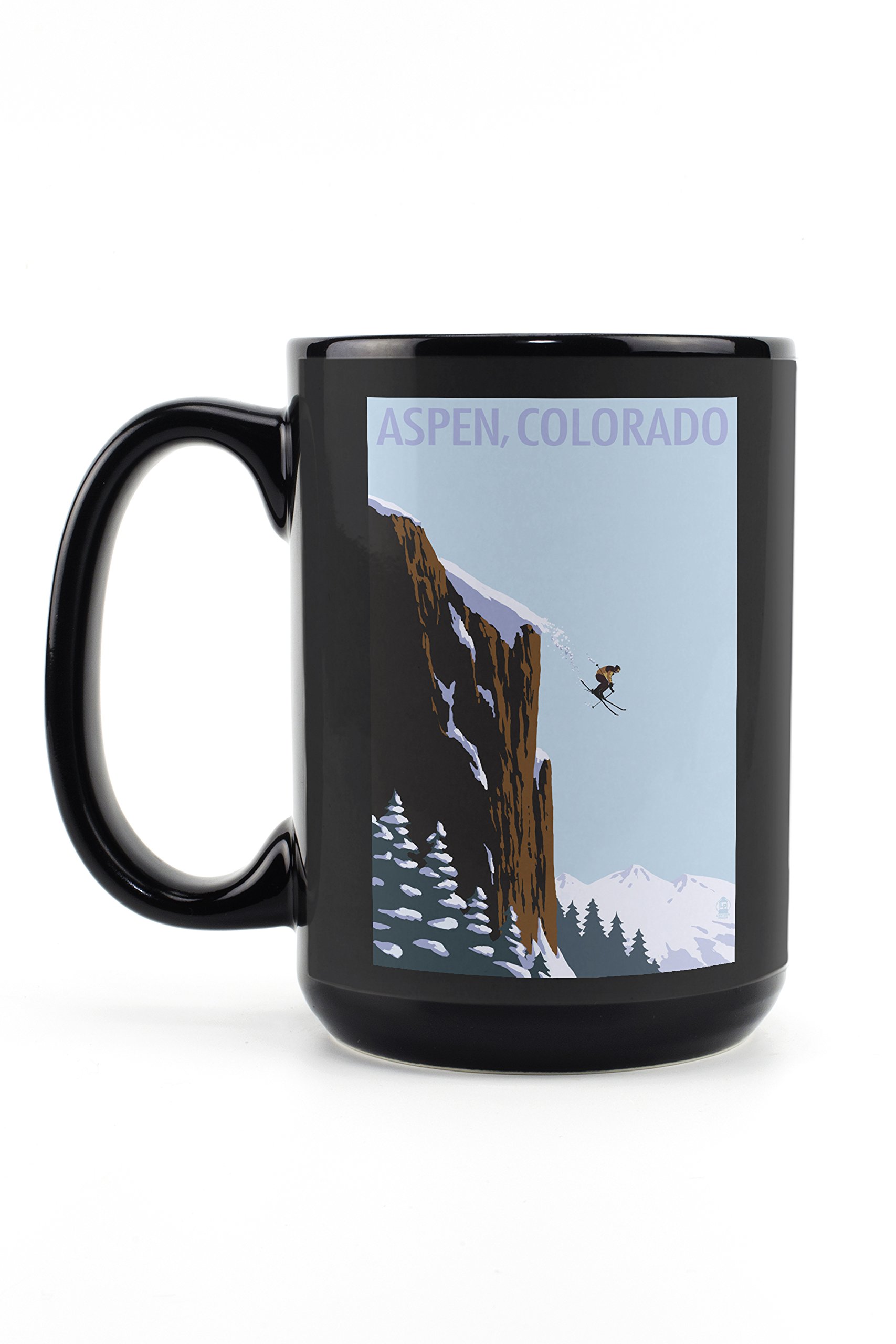 Aspen Colorado Skier Jumping 15oz Black Ceramic Coffee Mug - Microwave & Dishwasher Safe - Perfect for Hot Cocoa, Tea & Office Use