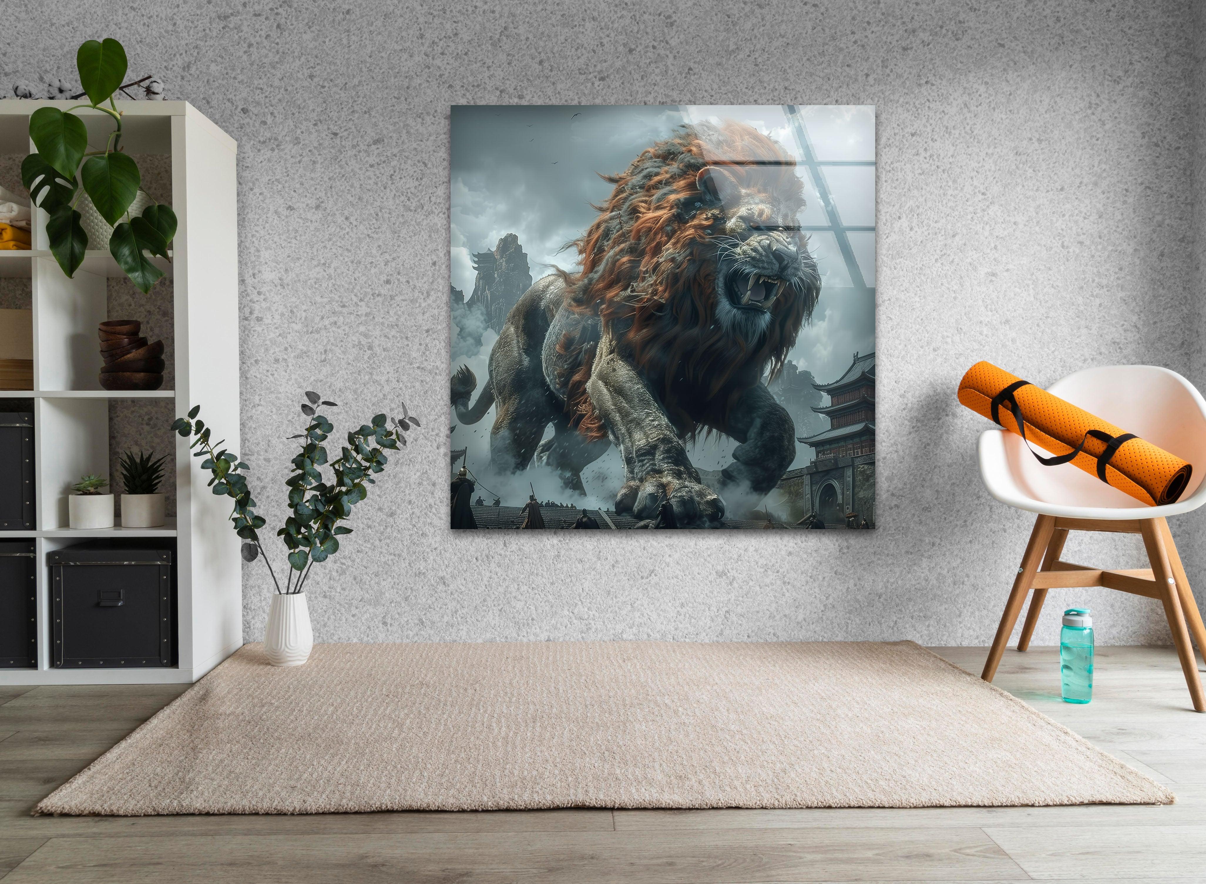 Chinese Lion Glass Wall Art - Handcrafted Feng Shui Decor for Home & Office - Perfect for Living Room, Bedroom, or Entryway Display