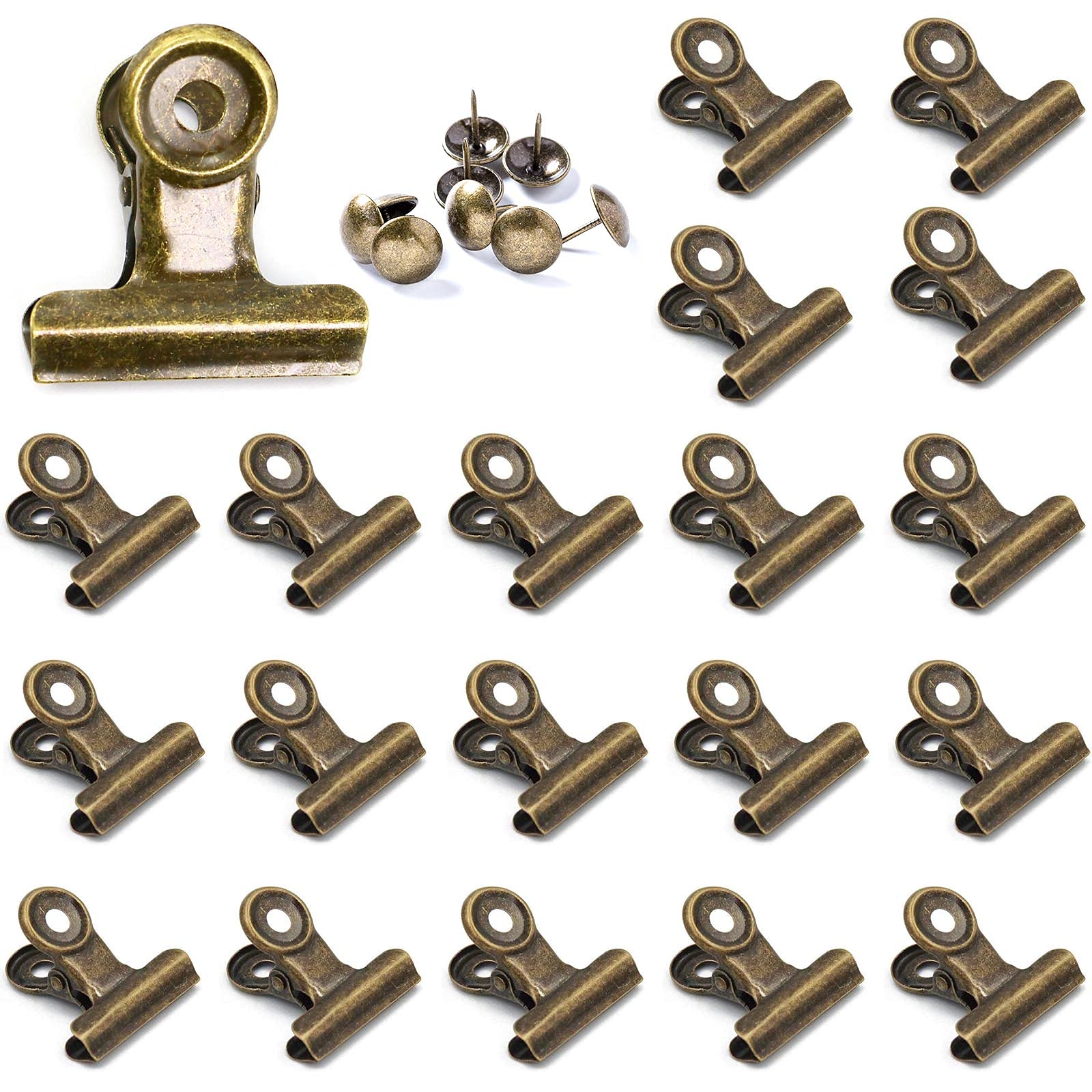 20 Pack 1.25 Inch Bronze Metal Clips with Push Pins - Heavy Duty Bulldog Clips for Hanging Pictures, Small Hinge Clips for Crafts, Mini Binder Clips for Office & School - Perfect for Cork Boards, Photo Displays, Scrapbooking & Document Organization