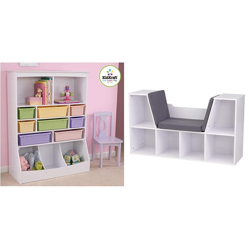 KidKraft White Wooden Wall Storage Unit with 8 Plastic Bins & 13 Compartments - Kids Toy Organizer for Bedroom, Playroom & Nursery - Perfect Gift for Ages 3+ | Wooden Bookcase with Reading Nook, Storage & Gray Cushion - Children's Bookshelf for Toddlers Ages 3-8 - Ideal for Bedrooms, Daycares & Preschools