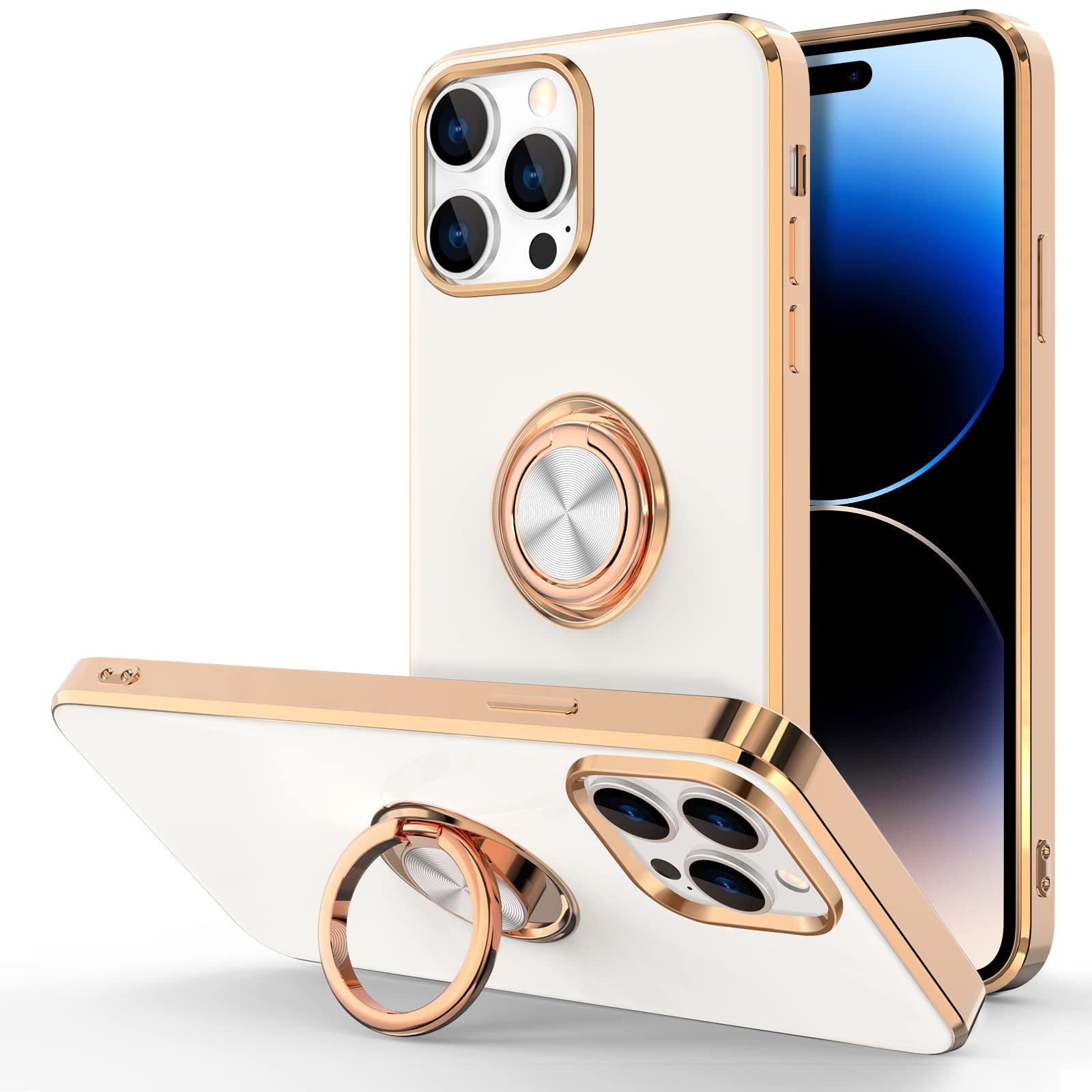Hython Magnetic Phone Case for iPhone 14 Pro with 360° Rotatable Ring Stand - Rose Gold Plated Slim TPU Protective Cover (White) | Car Mount Compatible & Luxury Design for Daily Use, Travel & Work