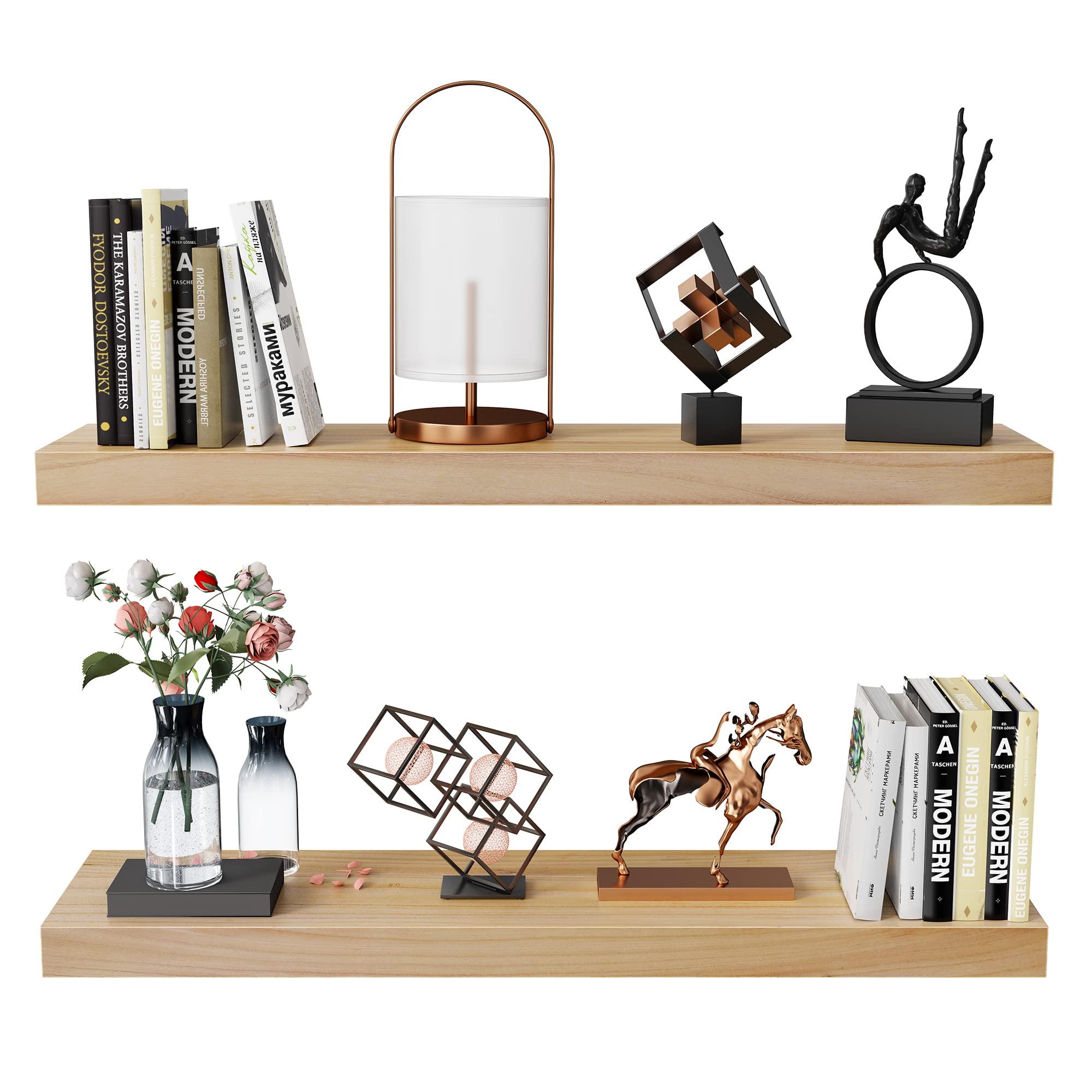 Habudda Floating Shelves Set of 2 - 30 Inch Rustic Wood Wall Shelves for Bathroom, Bedroom & Kitchen - Solid Wood Bookshelf with Invisible Brackets - Natural Varnished Home Decor for Plants, Photos & Display (Perfect for Small Space Organization & Stylish Home Decor)